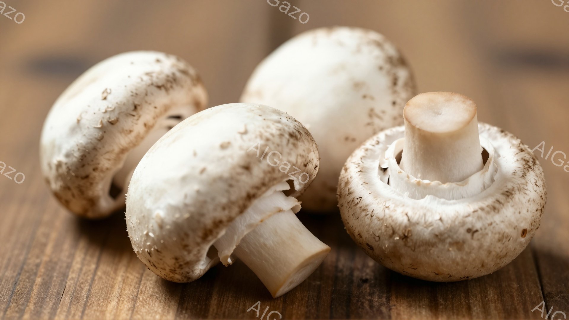 画像には、茶色っぽい木製の背景に、３つのマッシュルームが配置されています。そのうち２つは丸い形を保っており、もう一つは縦に半分に切られて、内部が露出しています。全体的に暖色系の色合いで、清潔感があり、 - AI生成フリー素材