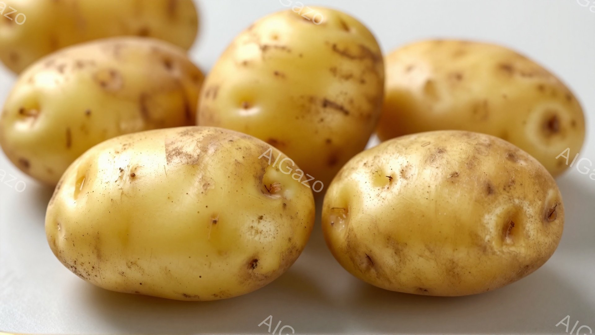 滑らかな白い表面の上に、茶色い斑点のあるジャガイモが5つ並んでいます。ジャガイモはそれぞれ異なる形をしており、丸みのあるものや細長いものなどがあります。全体的に明るい照明で、清潔でシンプルな印象を与えます。