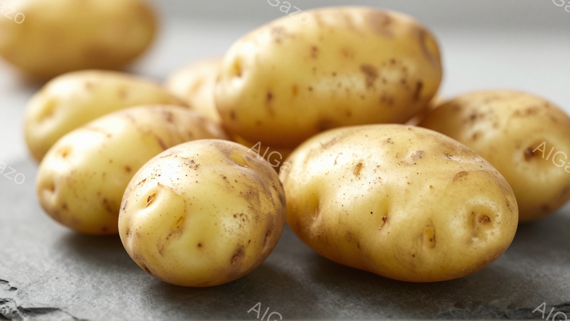 画像には、様々な大きさのじゃがいもが、黒色のスレートのような背景の上に並べられています。じゃがいもは、薄い茶色の肌をしており、表面には小さな芽や窪みが見られます。全体的に、暖かく、素朴な雰囲気を感じさせます。