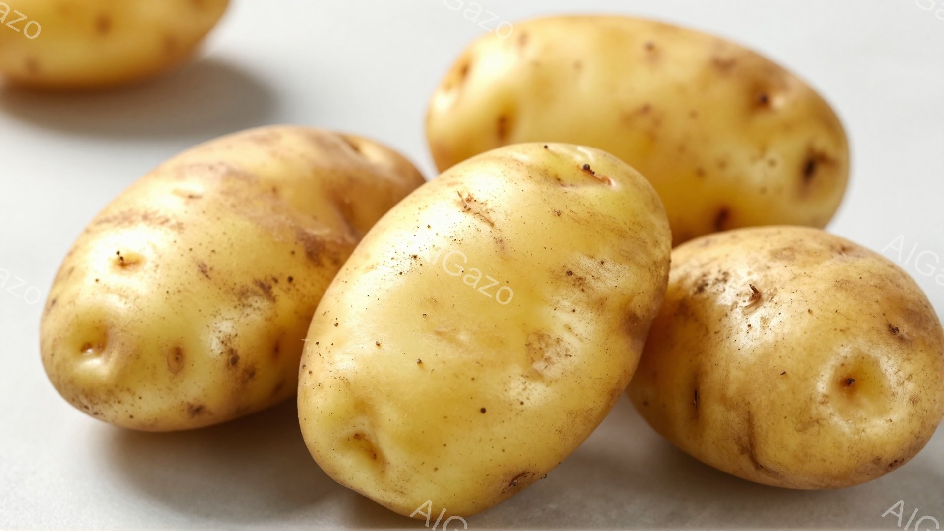 画像には、丸みを帯びた茶褐色のジャガイモがいくつか、淡いグレーの背景の上に置かれています。それぞれのジャガイモは、表面に小さな芽や穴があり、自然な質感が強調されています。全体的にシンプルで落ち着いた雰 - AI生成フリー素材