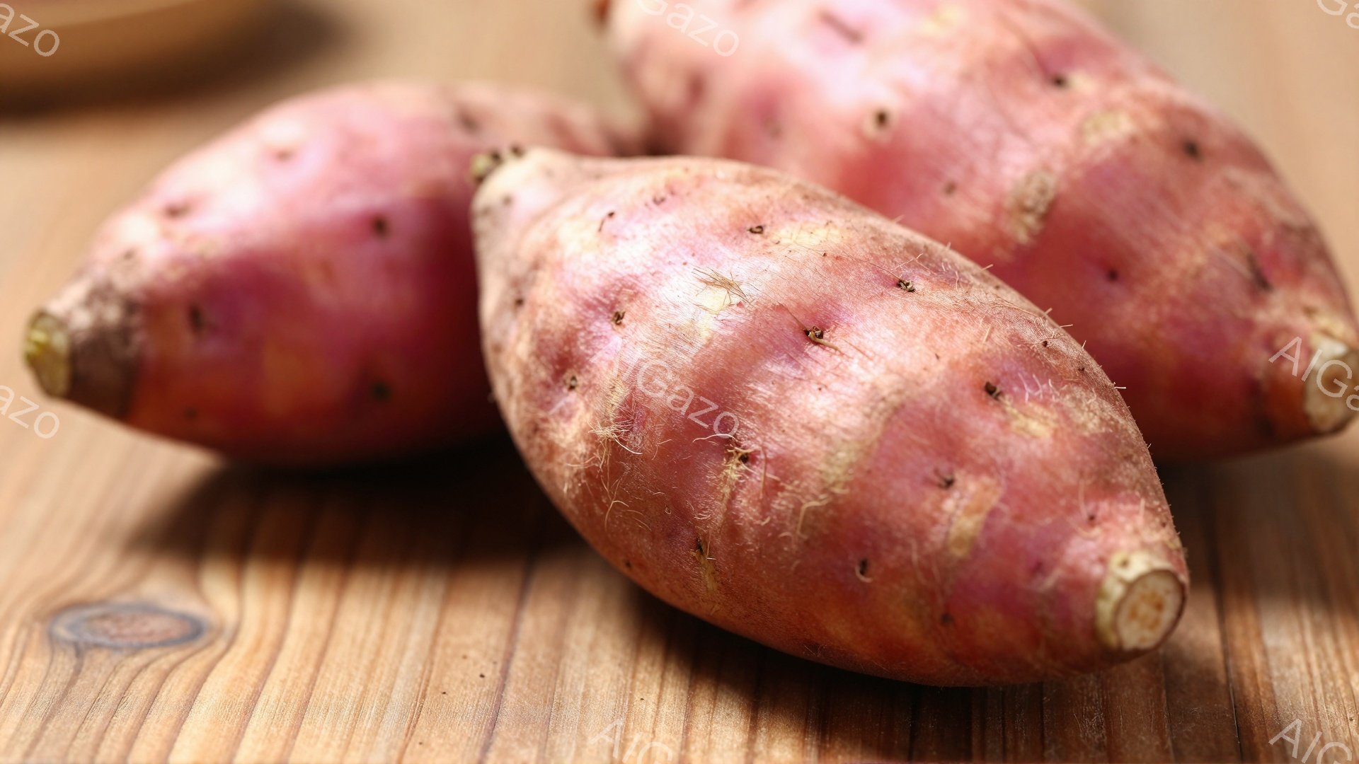 3つのサツマイモが木製のテーブルの上に並んでいます。サツマイモは赤茶色で、表面には小さな芽のようなものが点在しています。背景の木目は暖かく、全体的に素朴で自然な雰囲気が漂っています。