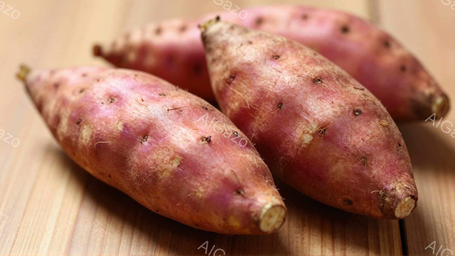 画像には、3本のサツマイモが木製の台の上に並べられています。サツマイモは赤みがかった茶色で、表面には小さな突起があります。背景は明るい木目調で、全体的に素朴で自然な雰囲気です。 - AI生成フリー素材