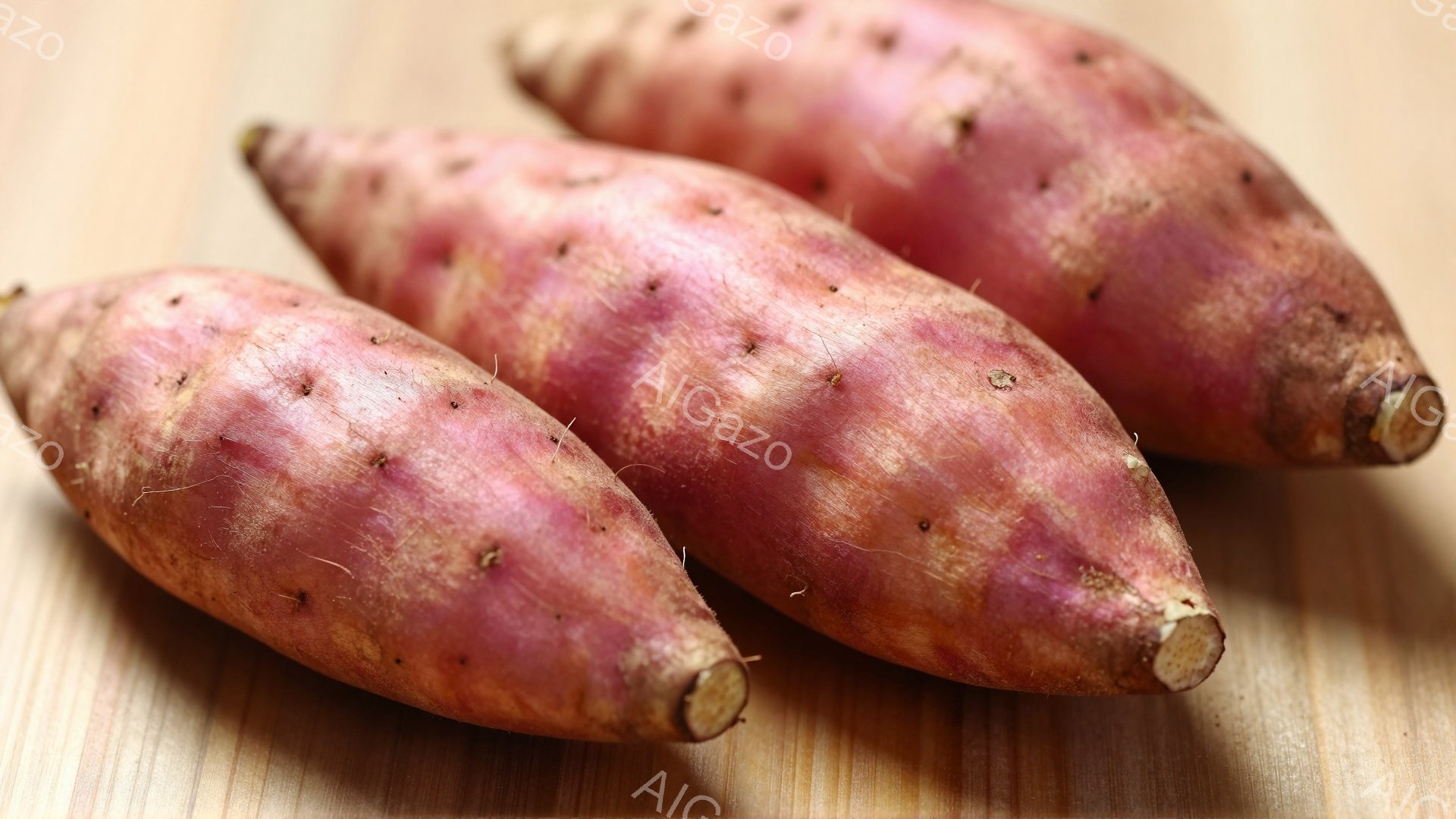 画像には、3本のサツマイモが木製の台の上に並んでいます。それぞれのサツマイモは赤紫色で、表面には土が付着しており、自然な風合いが強調されています。背景は明るい木目調で、サツマイモの素朴な色合いと調和し - AI生成フリー素材