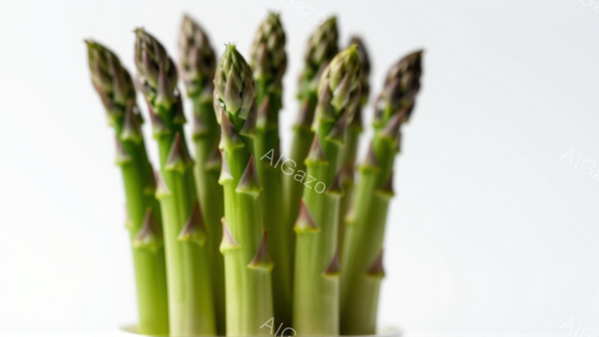 画像には、浅緑色のアスパラガスの束が白い背景に写っています。アスパラガスは均一な太さで、先端はわずかに紫色がかっており、全体的に新鮮でみずみずしい印象を与えます。背景が白いため、アスパラガスの色が際立 - AI生成フリー素材