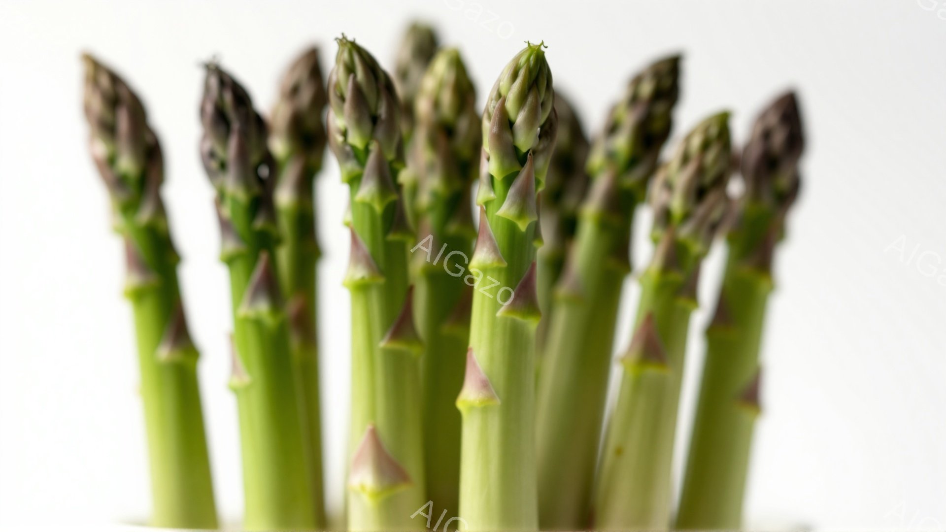 鮮やかな緑色のアスパラガスが密集して写っている画像です。茎は細く、先端は紫がかった色をしており、全体的にみずみずしく、生き生きとした印象を与えます。背景は白く、アスパラガスの色が際立っており、清潔感と食欲をそそる雰囲気を醸し出しています。