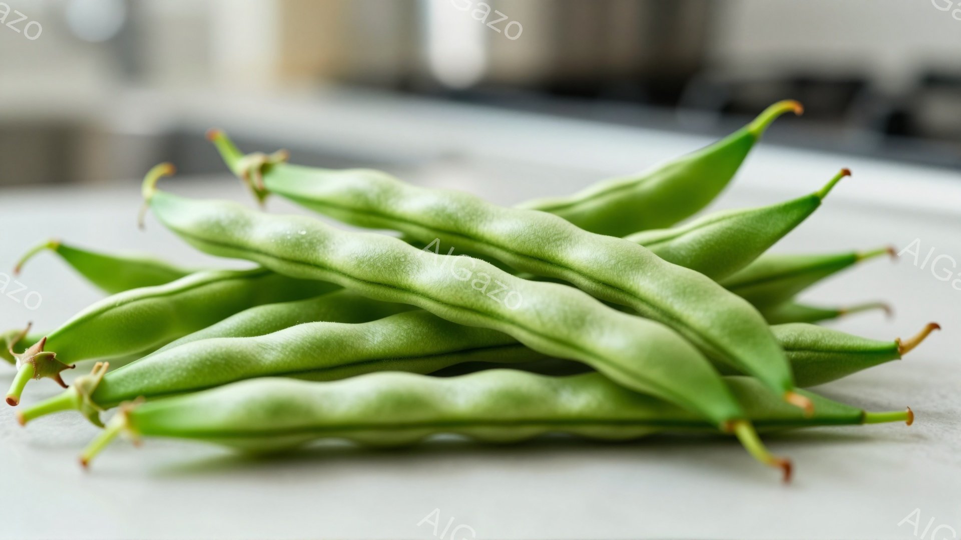鮮やかな緑色のさや豆が、白い背景の表面に積み重なって写っている。豆の表面には水滴が見られ、新鮮さを強調している。背景はぼやけており、豆が主な焦点となっている。 - AI生成フリー素材