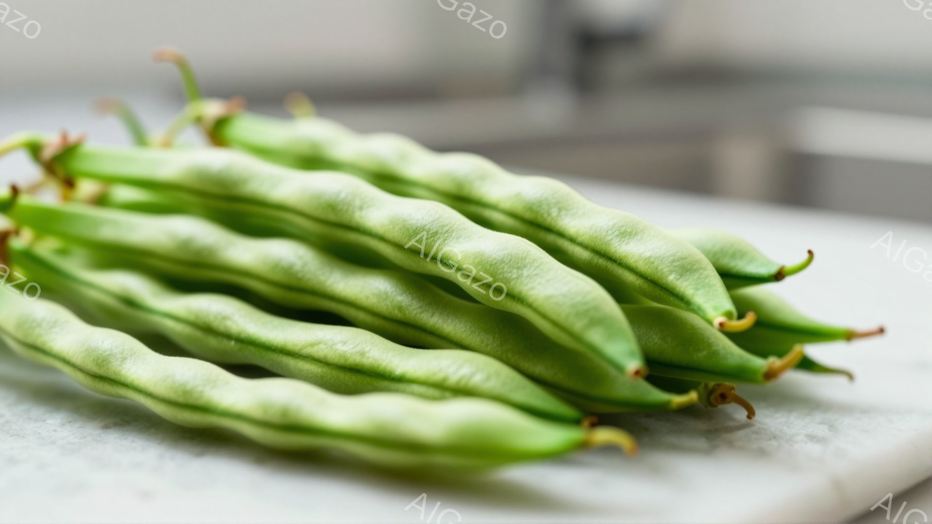 画像には、新鮮なサヤエンドウが白い表面に積み重ねられています。明るい緑色で、表面にはわずかな隆起があり、先端には小さな茶色のつぼみが付いています。背景はぼやけており、清潔でシンプルな雰囲気が漂っていま - AI生成フリー素材
