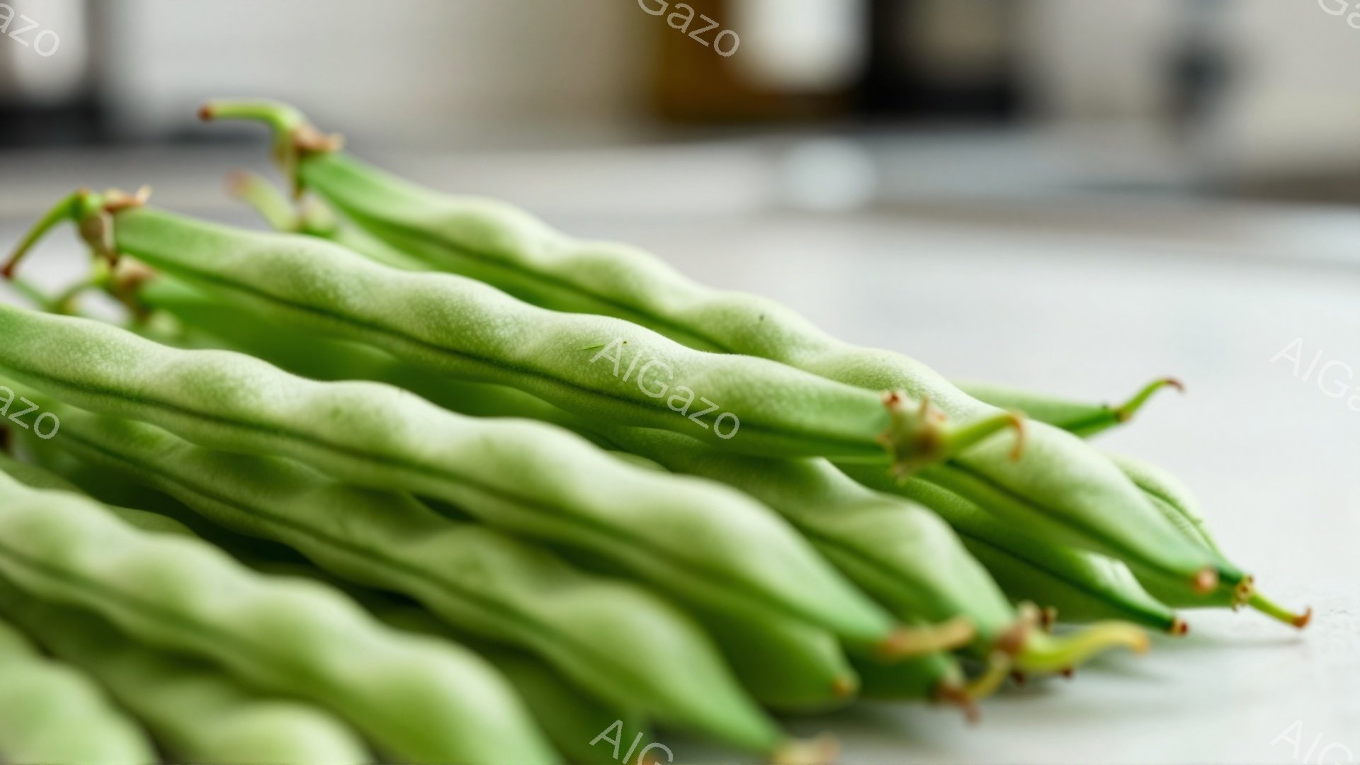 画像には、新鮮なサヤエンドウがいくつか束ねられて写っています。それらは明るい緑色で、表面にはわずかな光沢があり、自然な質感が強調されています。背景はぼかされており、白いカウンタートップのようなものが確 - AI生成フリー素材
