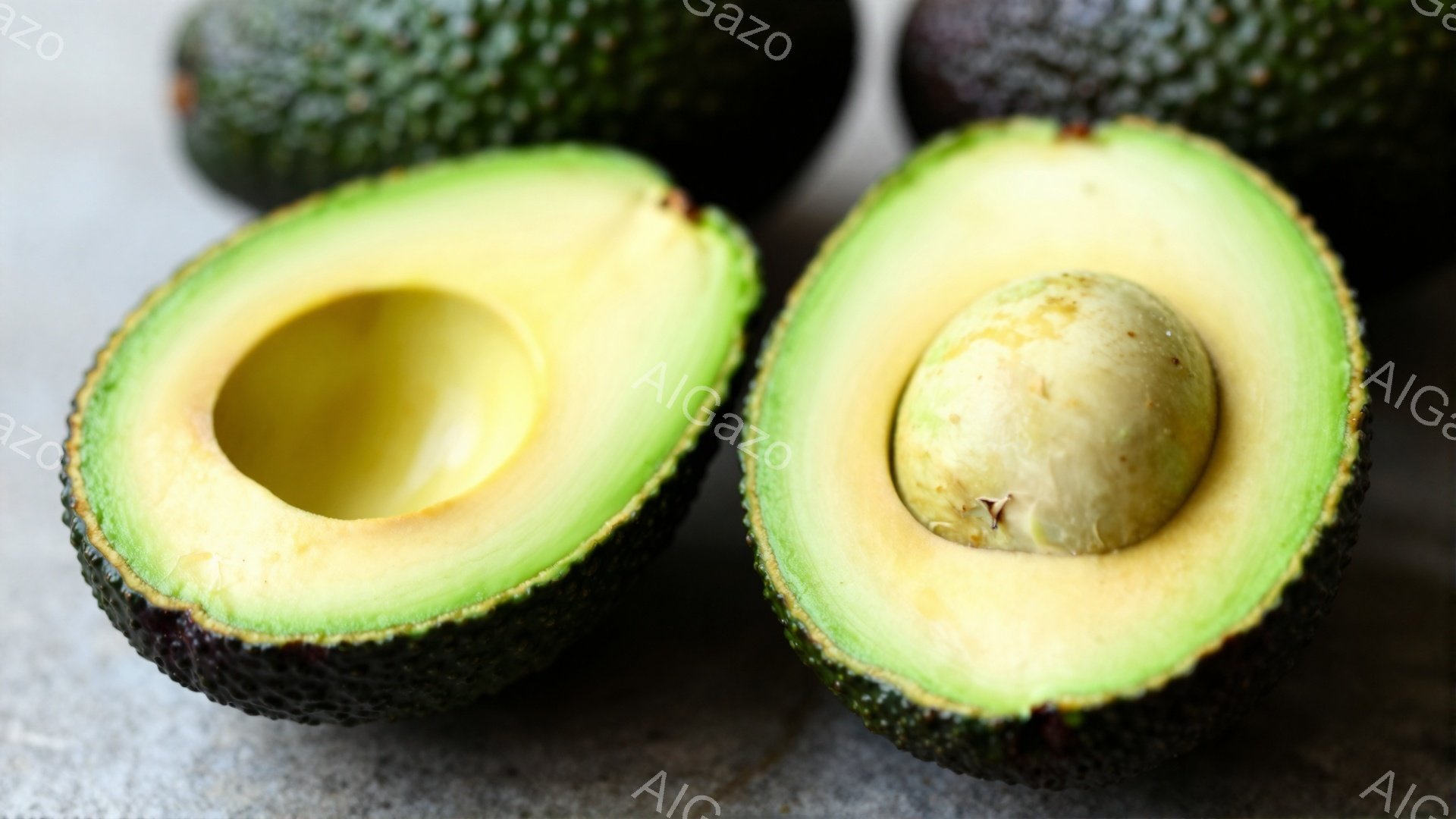 画像には、半分に切られたアボカド2つと、未切りのアボカドが1つ写っている。アボカドは鮮やかな緑色で、種は丸く、表面にわずかな凹凸がある。背景はグレーの表面で、全体的に健康的で自然な雰囲気を醸し出している。