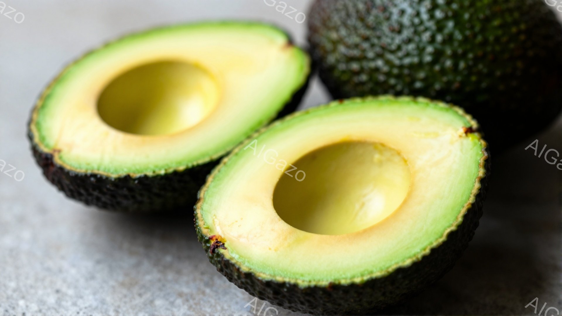 熟したアボカドが2つ、半分にカットされて画面に写っている。果肉は鮮やかな黄緑色で、中央には種があった場所の窪みが見える。背景は灰色がかった質感で、アボカドの濃い緑色と鮮やかな果肉が際立っている。