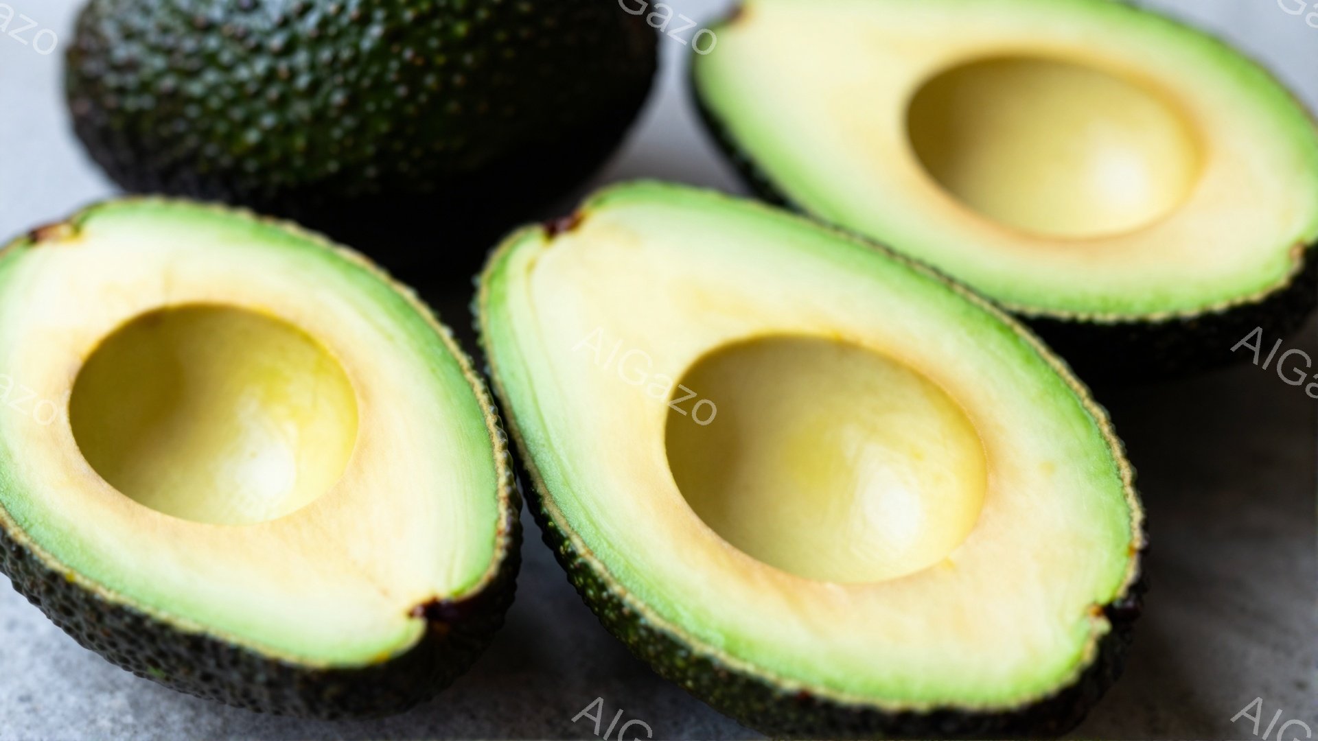 画像には、割ったばかりのアボカドが三つ写っています。アボカドの果肉は鮮やかな黄緑色で、中央には大きな種があります。背景は灰色で、アボカドの自然な色合いを際立たせています。