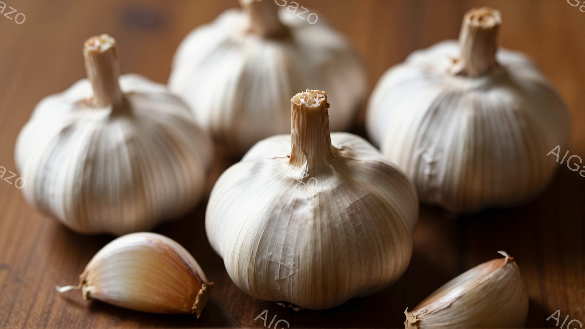 画像には、茶色い木製のテーブルの上に、数個のニンニクの球根が置かれています。それぞれのニンニクは薄い茶色と白の皮で覆われており、その形は丸みを帯びています。全体的に、暖かく、素朴な雰囲気で、食や料理を連想させます。