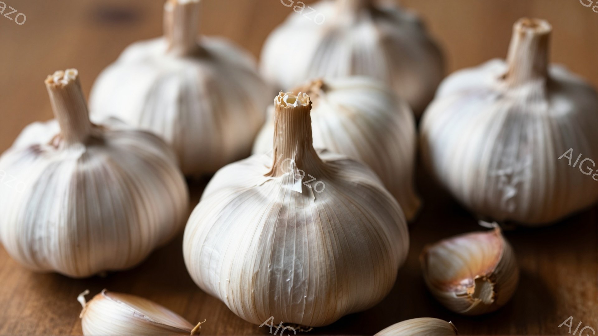 画像には、茶色っぽい木製のテーブルの上に、にんにくがいくつか並べられています。にんにくは皮が薄く、白や薄茶色の色合いで、一部は割れて中の片身が見えています。全体的に暖かく、素朴な雰囲気で、食卓を彩る食材の印象を与えます。