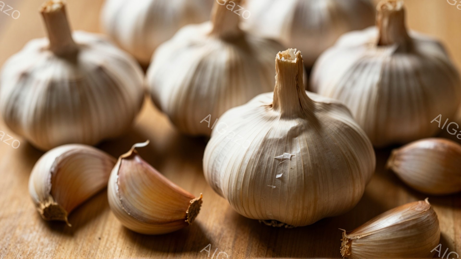 画像には、木製のテーブルの上にニンニクの塊がいくつか置かれています。いくつかのニンニクは割れており、その内部がわずかに見えています。全体的に暖色系の色調で、素朴で自然な雰囲気が漂っています。