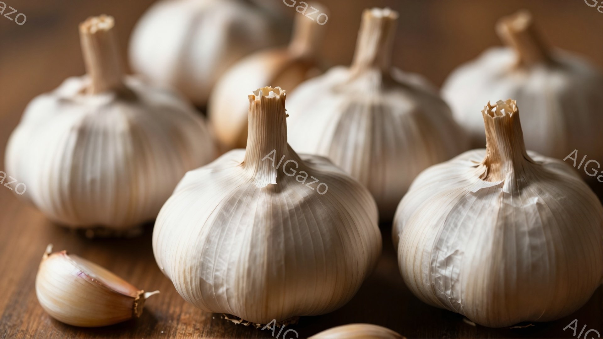 画像には、木製の表面に置かれたニンニクの球根がいくつか写っています。それらはオフホワイトからベージュの色合いで、形は丸みを帯びており、一部は皮が剥がれて中の歯が見えています。全体的に暖かく、素朴な雰囲気で、食卓や料理を連想させます。