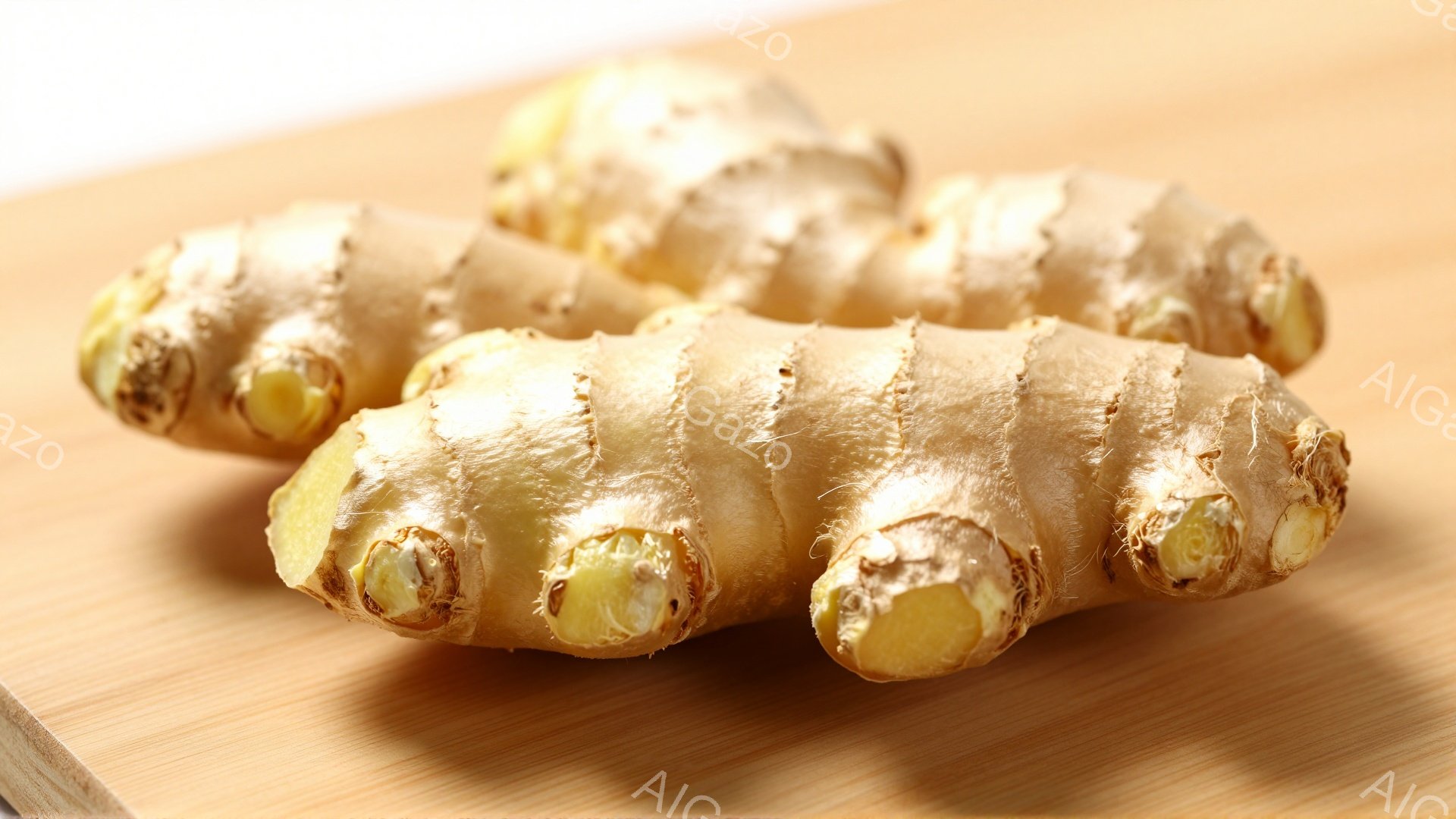 根強いショウガの塊が、木製のまな板の上に置かれています。ショウガは土っぽいベージュ色で、不規則な形をしており、小さな突起や根がいくつか見られます。背景は明るい木目調で、全体的に自然で素朴な雰囲気を醸し - AI生成フリー素材