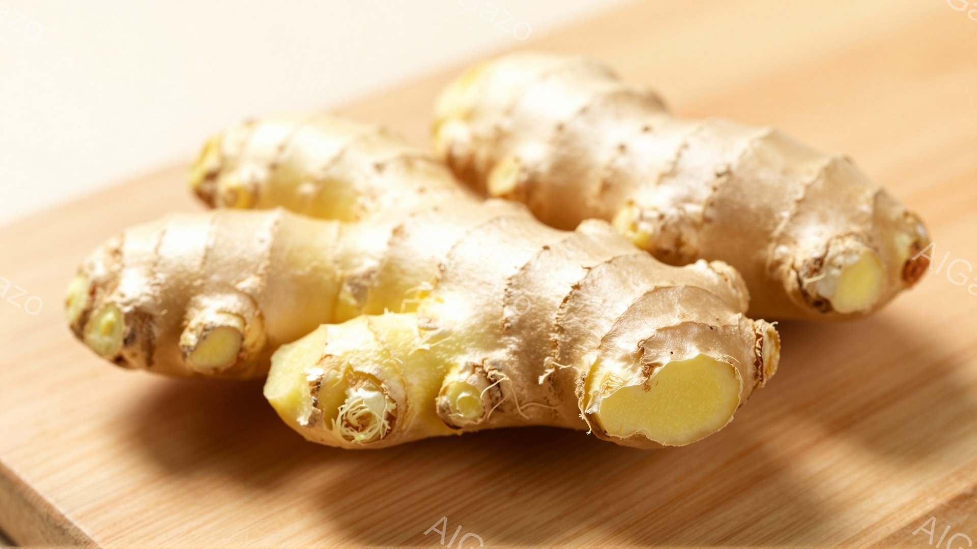 画像には、木製のまな板の上に置かれた生姜の根が2つ写っています。根は不規則な形をしており、茶色っぽい色合いで、小さな突起がいくつか見られます。背景は明るい木の色で、全体的にシンプルで自然な雰囲気です。