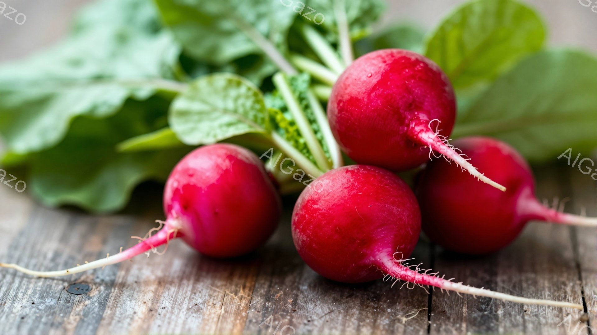 赤い大根が数個、木製のテーブルの上に置かれています。大根には緑色の葉がついており、根元には細い根が伸びています。木製のテーブルは、使用感のある風合いで、背景が少しぼやけています。
