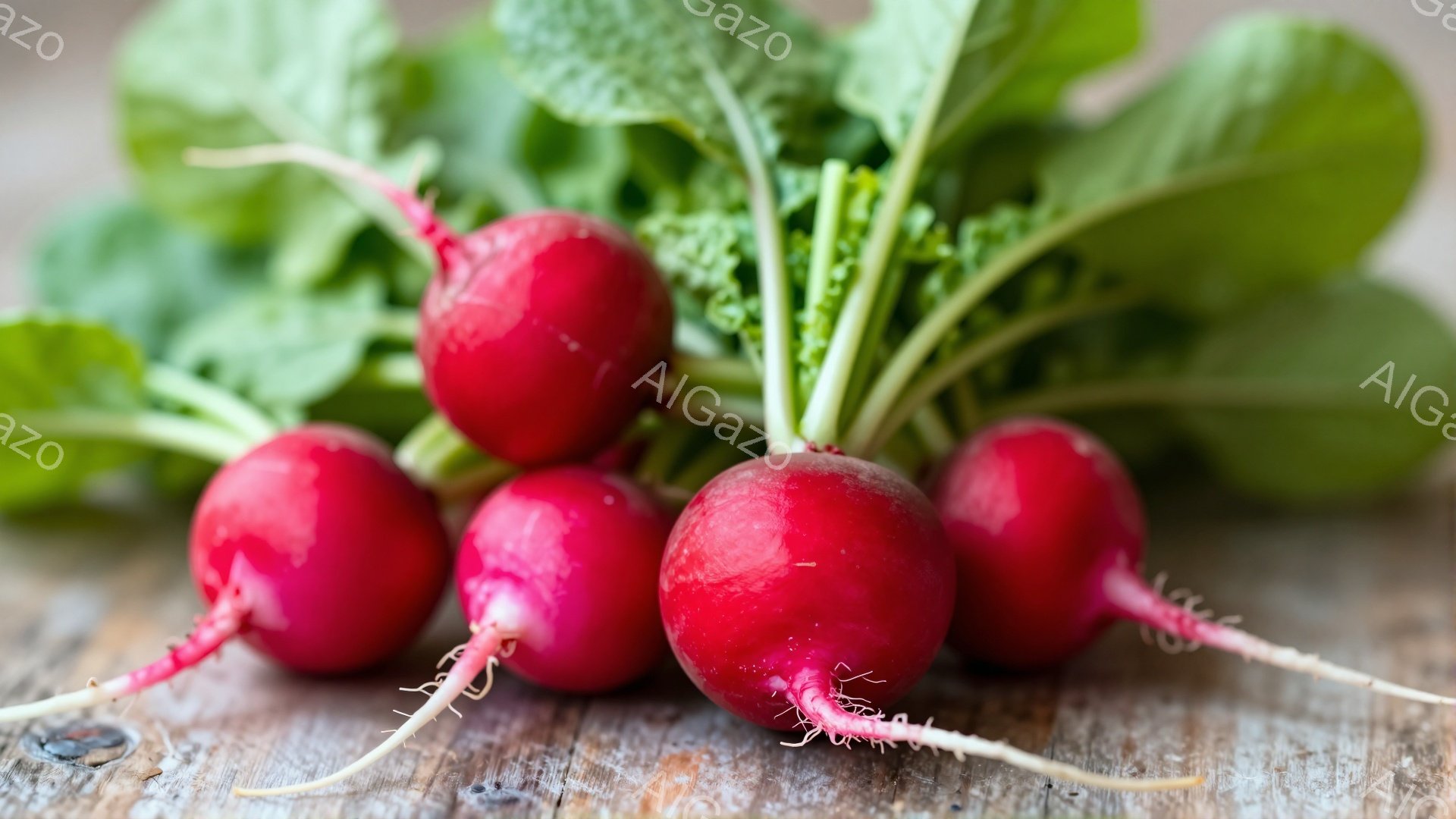 赤い大根が木製のテーブルの上に置かれている写真です。葉は緑色で、根は土が付いたままの自然な状態を保っています。背景はぼやけており、大根の鮮やかな赤色が際立っています。