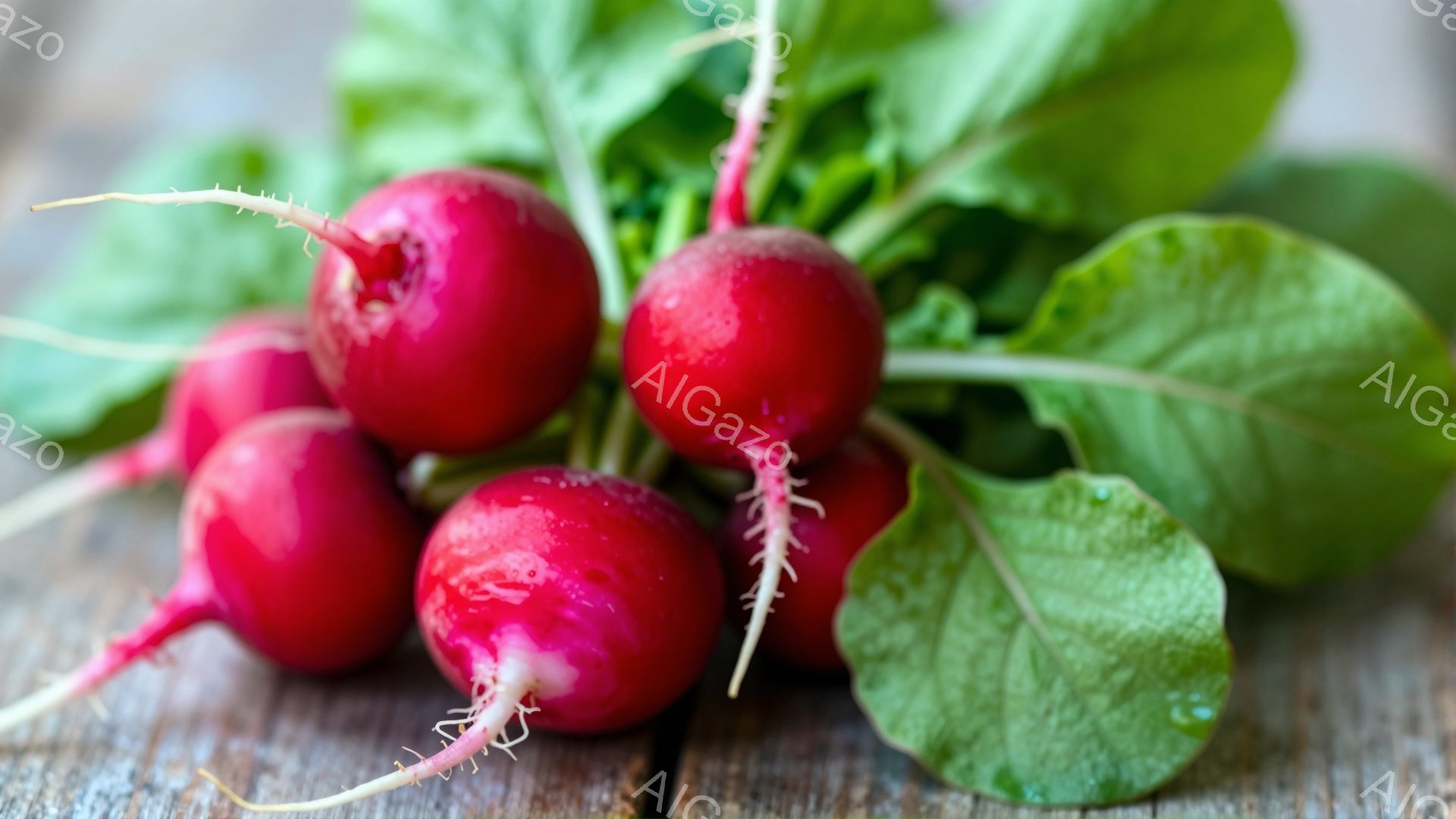 鮮やかな赤い大根が数個、緑色の葉の上に置かれています。背景は木製の板で、自然な質感が見られます。全体的に、新鮮で素朴な雰囲気が漂い、収穫されたばかりの野菜の生命力を感じさせます。