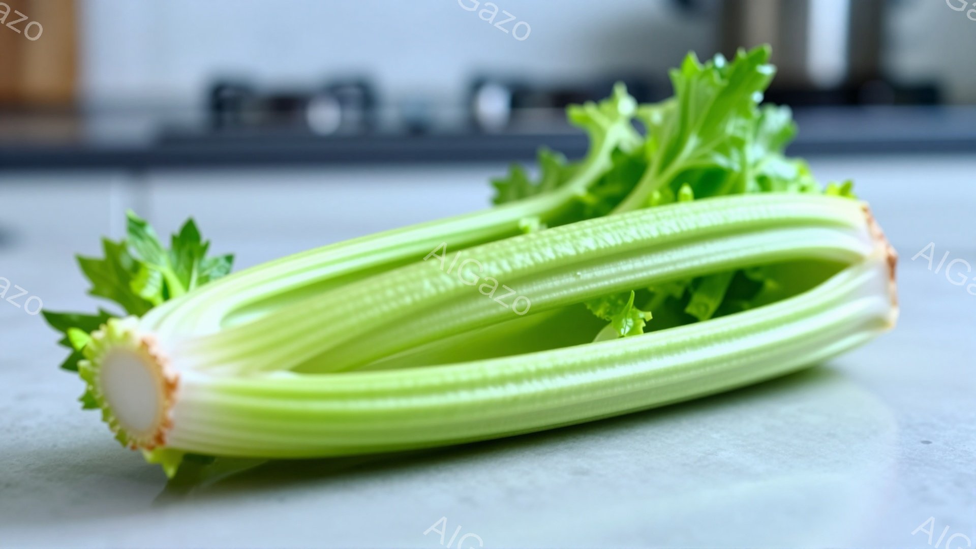 鮮やかな緑色のセロリが、淡いグレーの表面に置かれています。セロリは半分に割られており、中空の茎と緑色の葉がはっきりと見えます。背景はぼやけていますが、キッチンの一部らしきものが伺え、全体的に清潔で自然な雰囲気が漂っています。