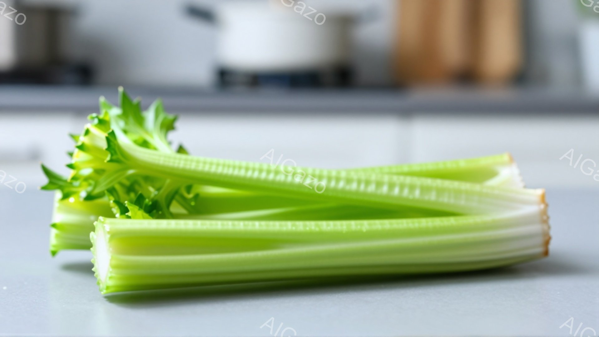 鮮やかな緑色のセロリの茎が2本、薄いグレーの表面に置かれています。茎はリブ状のテクスチャを持ち、上部は繊細な葉が付いています。背景はぼやけており、キッチンの一部らしきものがうかがえますが、焦点はセロリそのものに当てられています。