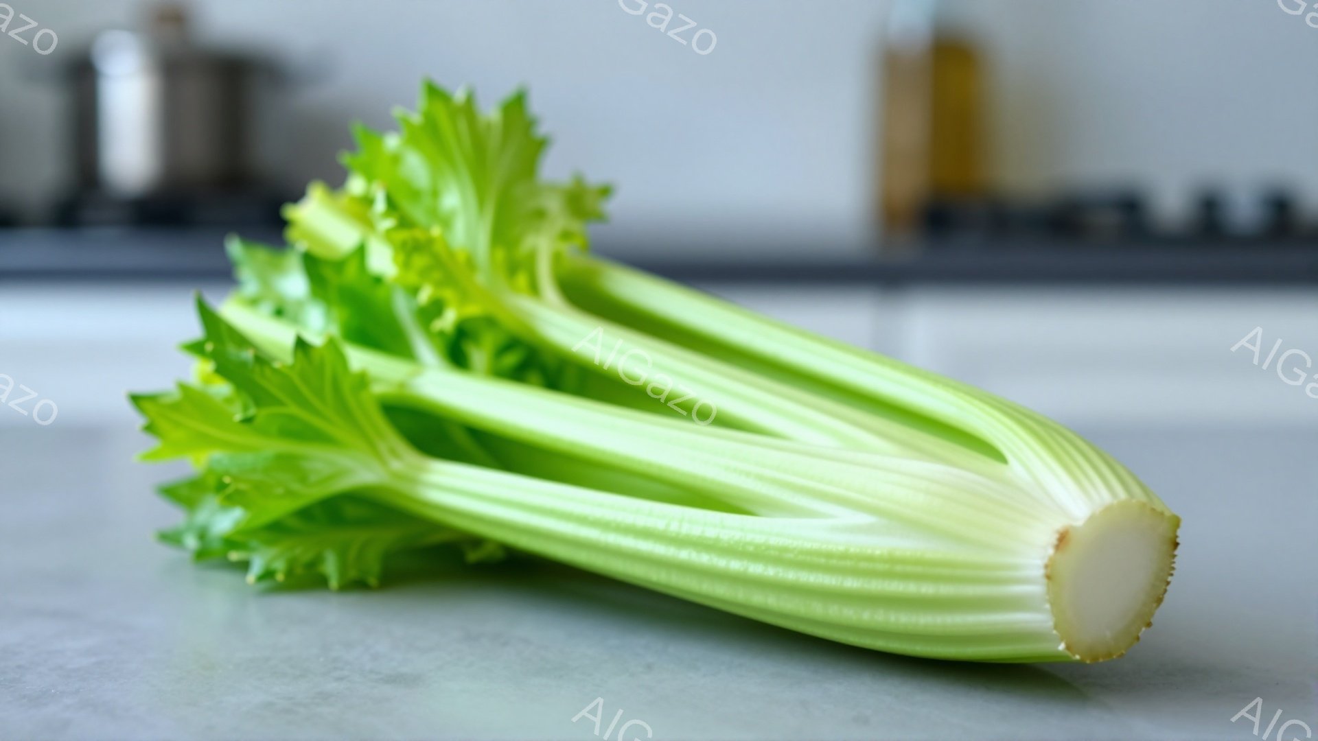 画像には、切り口が見えるセロリの茎が、光沢のある灰色の表面に置かれています。鮮やかな緑色が目に付き、セロリの葉は繊細なカールを描いています。背景はぼやけており、キッチンの一部、おそらく調理器具が見えます。