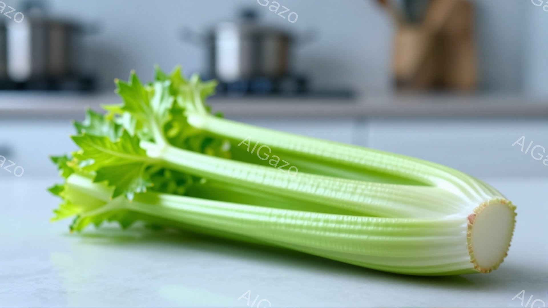 鮮やかな緑色のセロリが、白い石のような表面の上で横たわっています。茎は光沢があり、葉はカールして広がっています。背景はぼやけており、ステンレス製の調理器具と木製の調理器具が見え、キッチンの一部を思わせます。