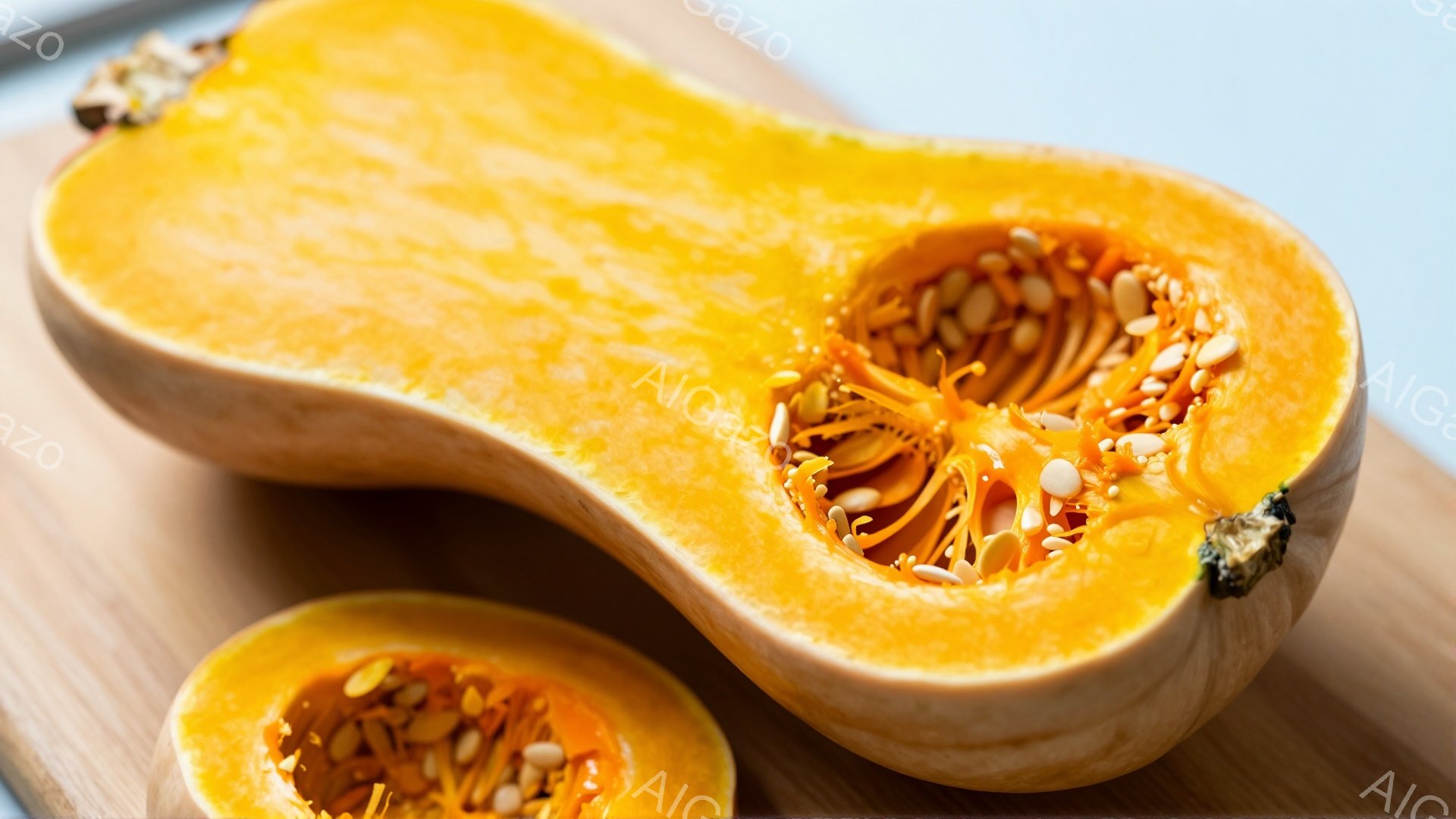 鮮やかなオレンジ色のカボチャが半分にカットされ、種がむき出しになっている様子が写っている。カボチャは木製のまな板の上に置かれており、背景はぼやけているが、明るい光が差し込んでいることがわかる。全体的に暖かく、食欲をそそる雰囲気である。
