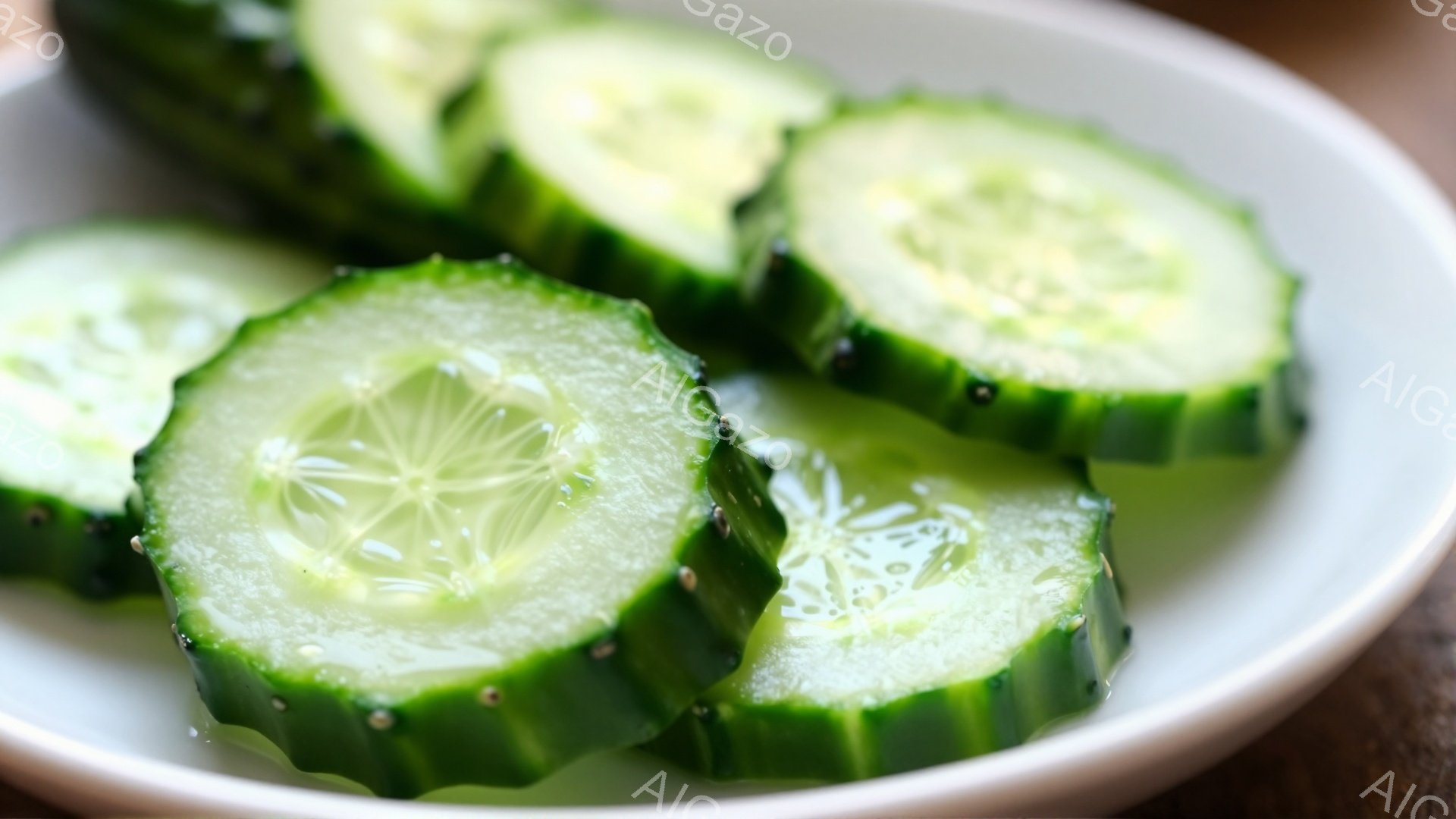 白い皿に、輪切りにされた新鮮なキュウリが並べられています。キュウリの断面は緑色が鮮やかで、種子が点在し、水分で光沢があります。シンプルながらも、健康的な食生活を連想させる爽やかな印象を与える写真です。