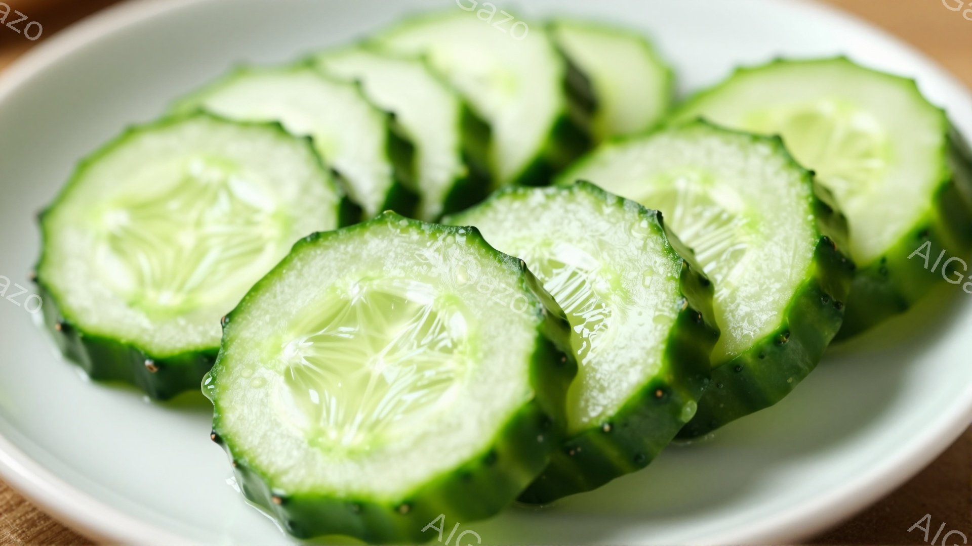 白い皿の上に、輪切りにされた新鮮なきゅうりが並んでいます。きゅうりの表面には水滴がつき、みずみずしさが伝わってきます。背景はぼかされており、きゅうりが際立っています。