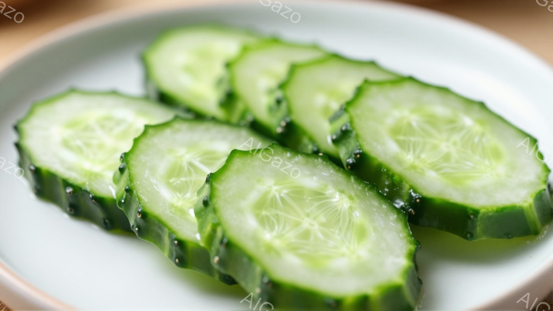 薄い白い皿の上に、緑色のきゅうりの薄切りが並べられています。きゅうりは新鮮で、表面には小さなイボがあり、種の部分が透けて見えます。背景はぼやけており、明るい光が当たっているため、全体的に爽やかで食欲をそそる雰囲気です。