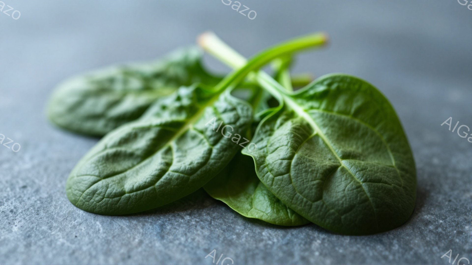 鮮やかな緑色のホウレン草の葉が3枚、石のような質感のグレーの背景の上に置かれています。葉脈がはっきりと確認でき、葉の表面には光沢があります。全体的に健康的で自然な雰囲気を醸し出しており、食材としての新 - AI生成フリー素材