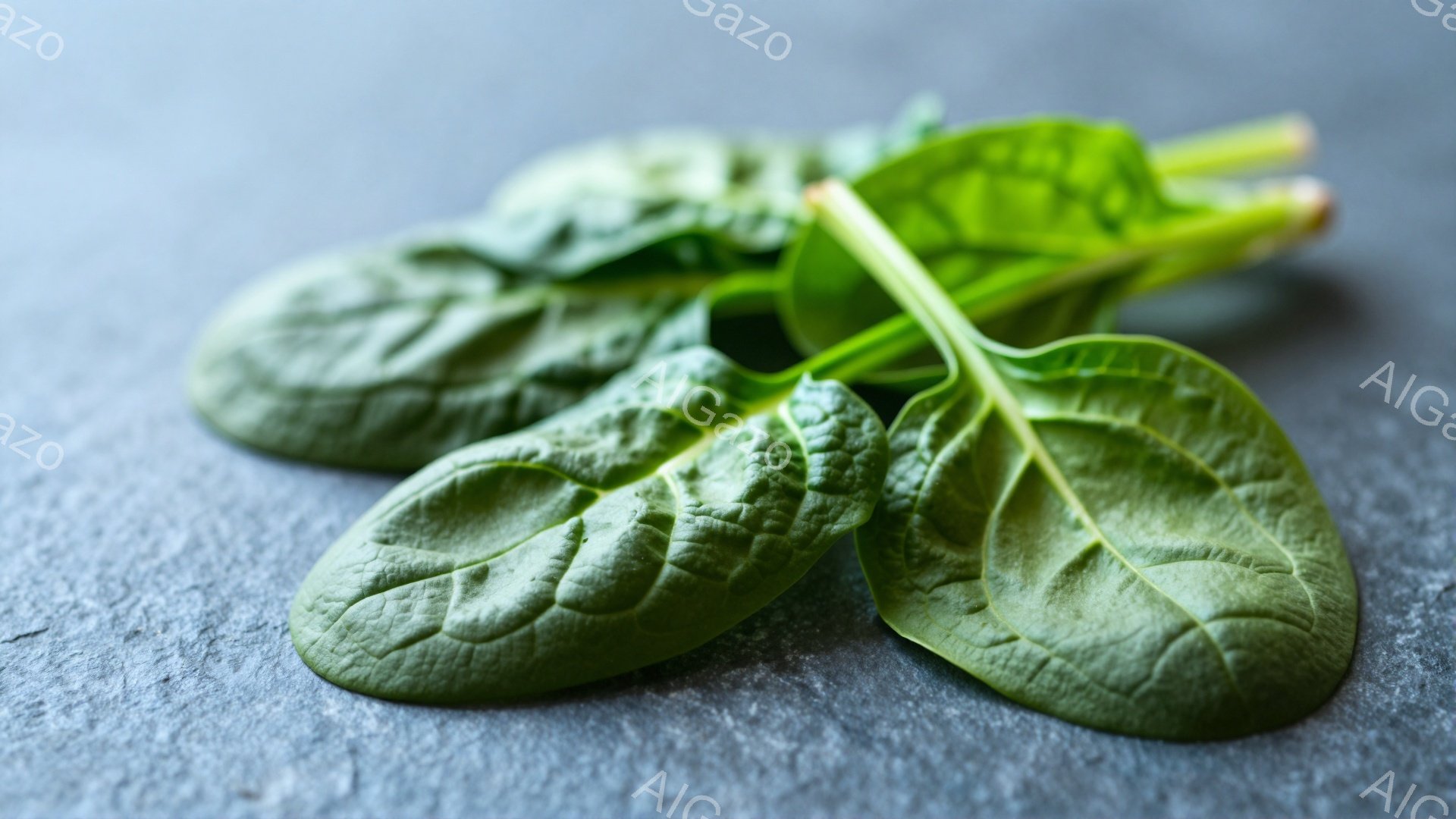 鮮やかな緑色のホウレン草の葉が、灰色がかった石のような表面に置かれています。葉はしっとりとしており、葉脈がはっきりと確認できます。背景は単調で、ホウレン草の鮮やかさを際立たせています。