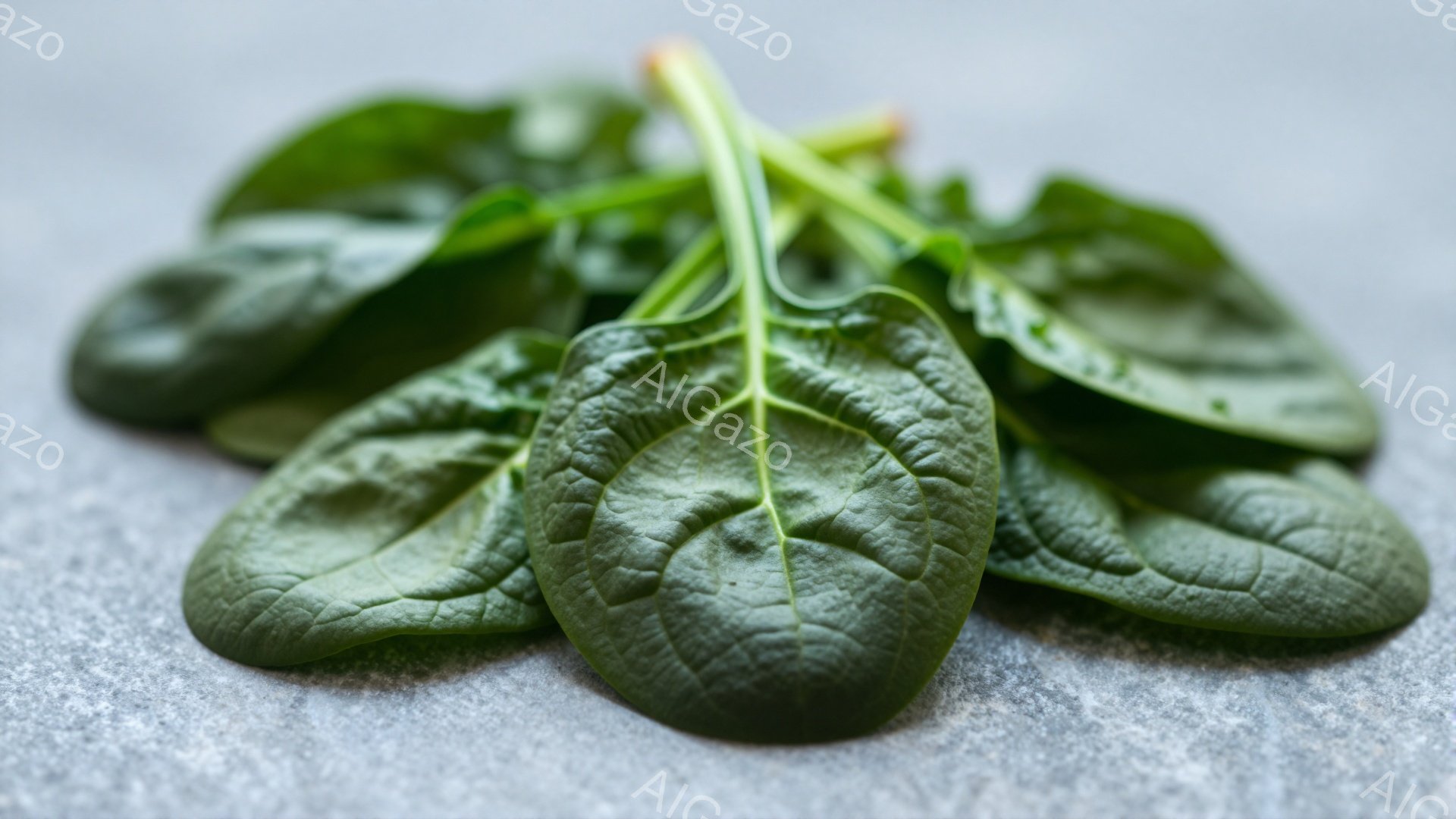 画像には、暗いグレーの表面に置かれたホウレン草の葉の束が写っています。葉は鮮やかな緑色で、葉脈がはっきりと見え、新鮮さを感じさせます。全体的に、健康的な食生活や自然の恵みを連想させる静止画です。