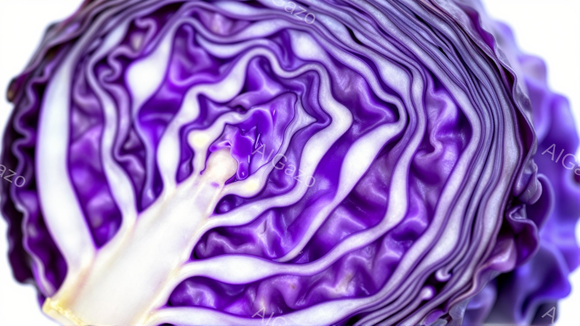 深い紫色と白の縞模様が特徴的なキャベツの断面が、画面いっぱいに広がっています。葉脈が繊細に走り、光沢のある表面が、自然の美しさを際立たせています。背景は白く、キャベツの鮮やかな色彩をより一層引き立てています。