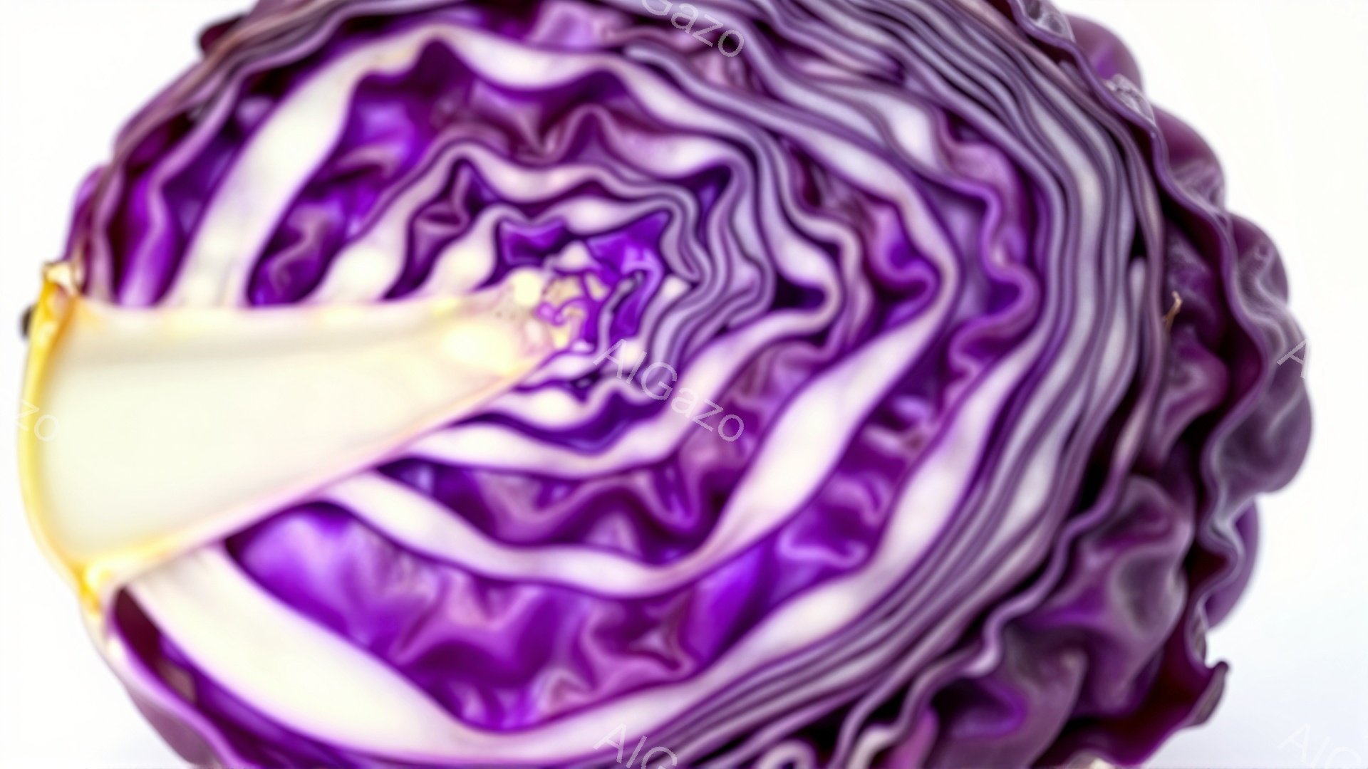 鮮やかな紫色のキャベツが切り口を大胆に見せており、内部の白い葉とのコントラストが美しい。葉脈が複雑に絡み合い、自然が生み出す模様の繊細さが際立っている。背景は白く、キャベツの鮮やかな色がより一層引き立っている。