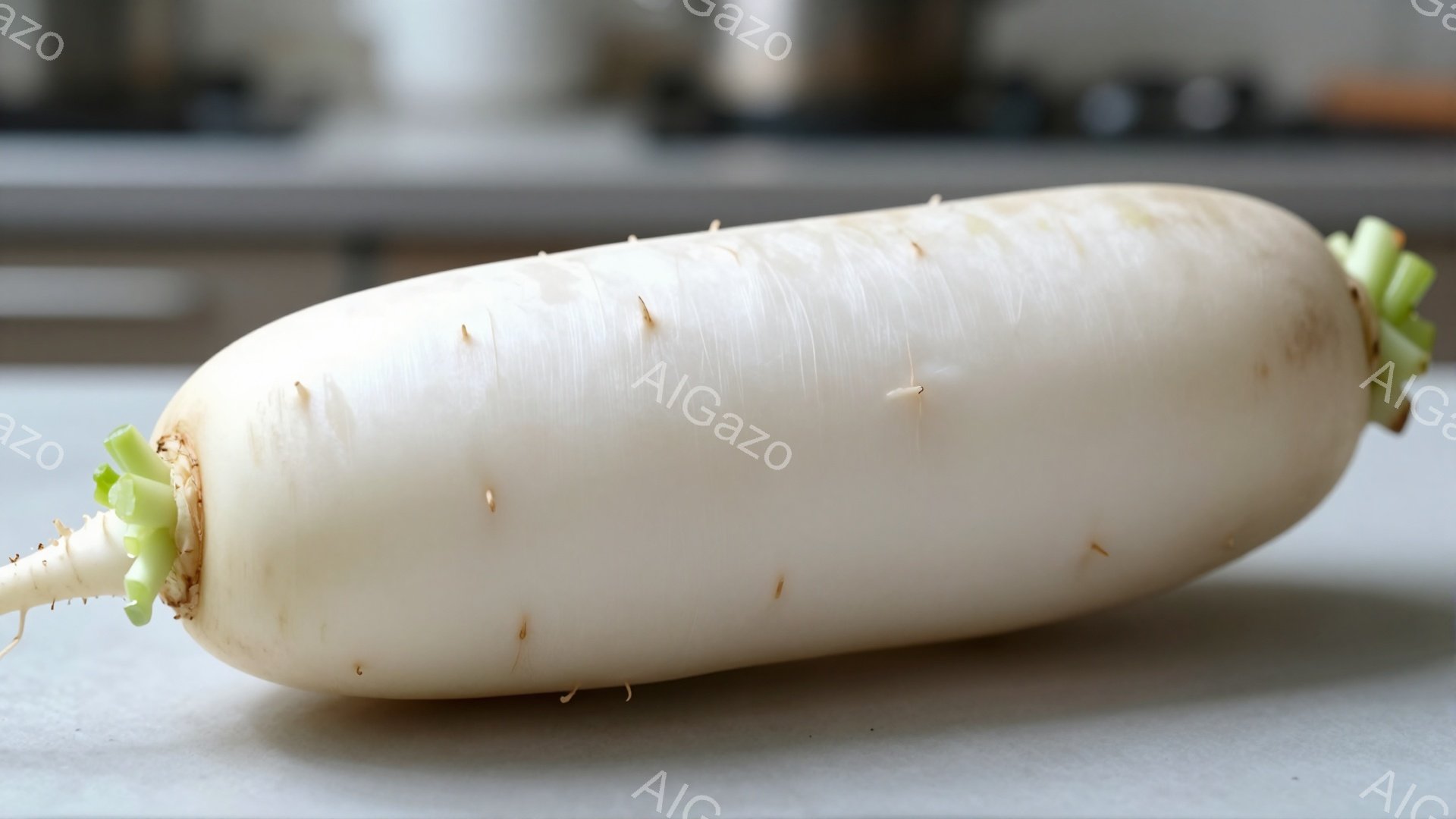 白くて細長い大根が、白い台の上に置かれています。表面には土が付いた跡がいくつか見られ、緑色の葉が根元に少し残っています。背景はぼやけており、キッチンの一部がうかがえます。