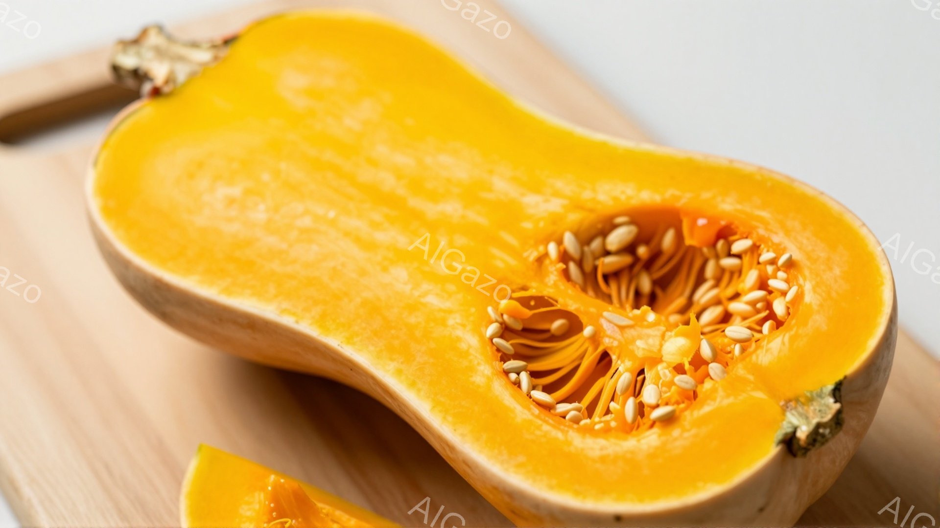 鮮やかなオレンジ色のカボチャが半分に切られており、種が露出している様子が捉えられています。木製のまな板の上に置かれており、背景はぼやけています。全体的に暖かく、食欲をそそる雰囲気が漂っています。