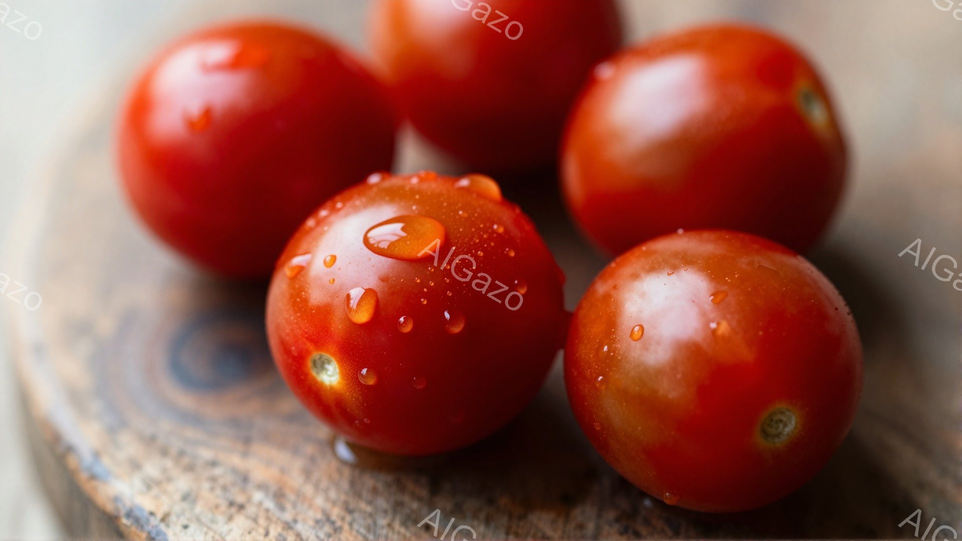 鮮やかな赤いトマトが四つ、木製の板の上に並べられています。トマトの表面には水滴がつき、みずみずしさを強調しています。背景はぼかされており、トマトが際立って見えます。 - AI生成フリー素材