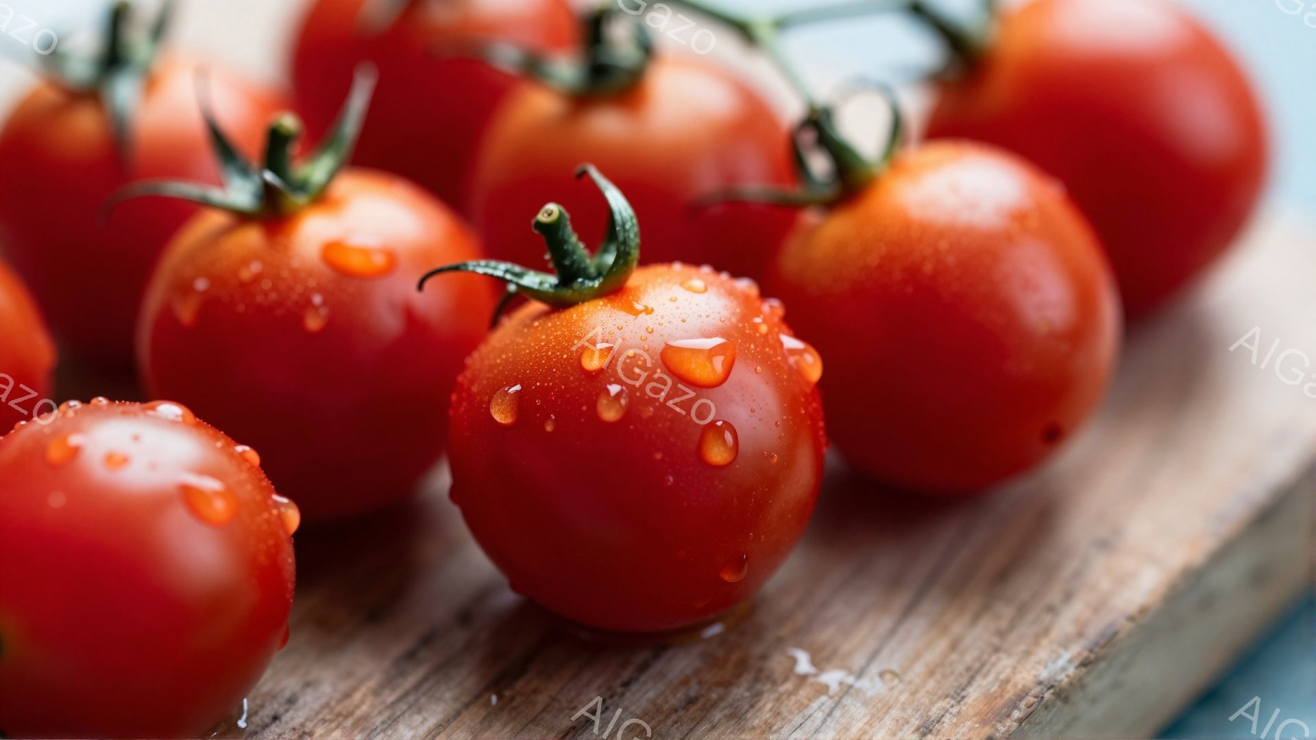 鮮やかな赤いミニトマトが木製の板の上に並べられています。トマトの表面には水滴が光り、新鮮さを強調しています。背景はぼやけており、ミニトマトが主役のクローズアップ写真となっています。 - AI生成フリー素材