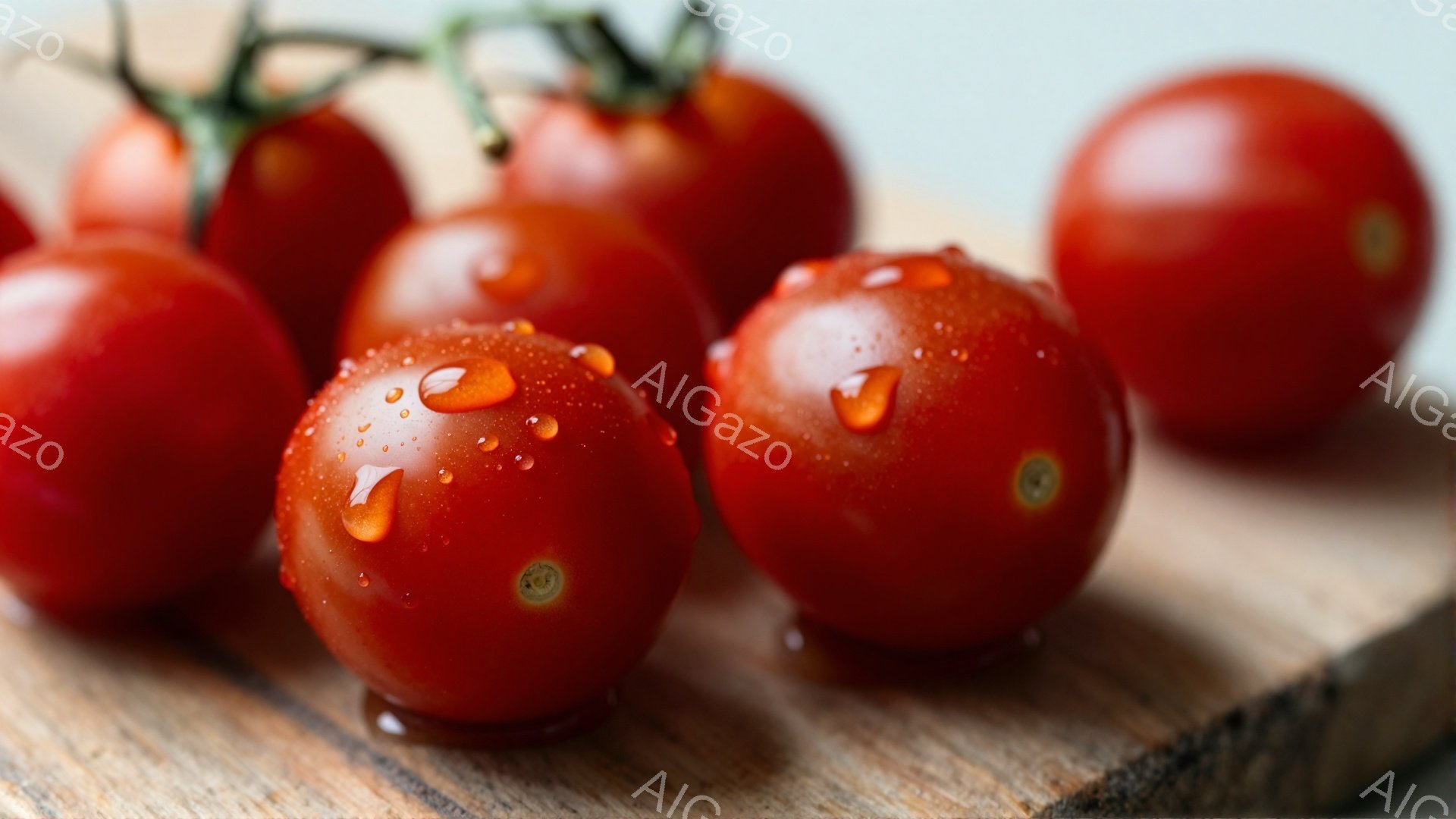 鮮やかな赤いミニトマトが木製の板の上に並べられています。トマトの表面には水滴がつき、まるで雨上がりのようにみずみずしい印象を与えます。背景はぼやけており、ミニトマトが主役として際立っています。