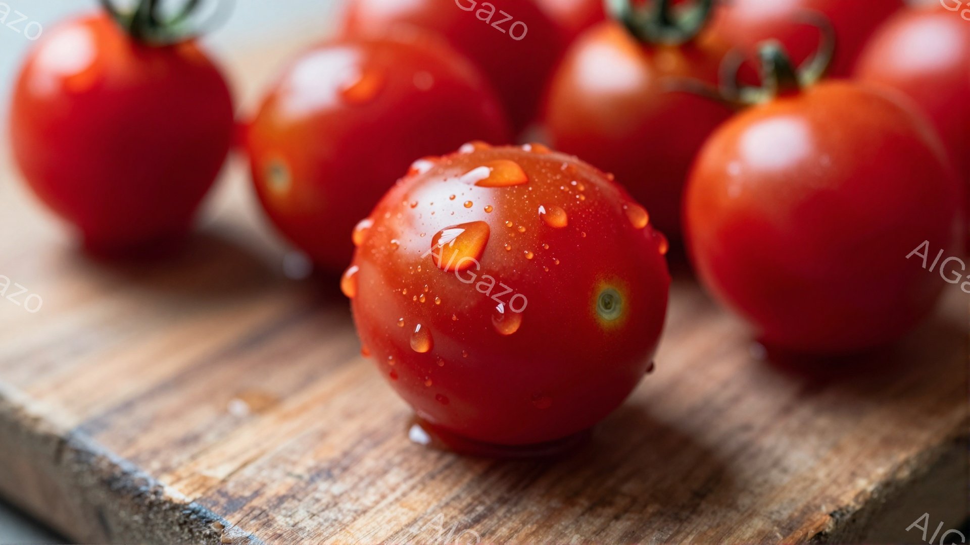 鮮やかな赤いトマトが、木製の板の上に置かれています。トマトの表面には水滴が付き、瑞々しさを強調しています。背景はぼやけており、トマトに焦点が当たっているため、シンプルで清潔な印象を与えます。 - AI生成フリー素材