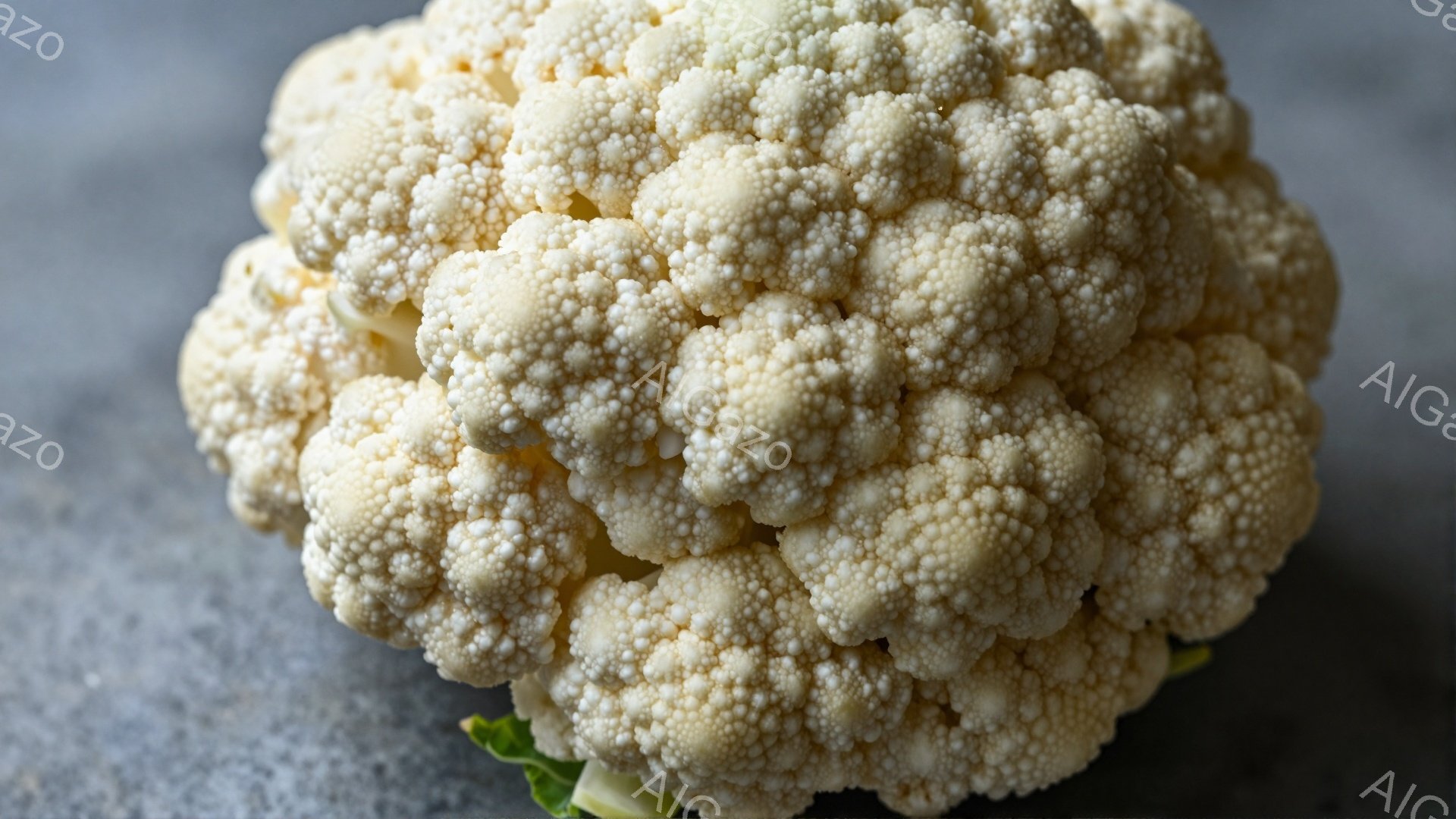 白いカリフラワーが、粗い灰色の背景の上に置かれています。カリフラワーの表面は、細かい蕾で覆われ、自然な質感と立体感が際立っています。全体的に柔らかい光が当たり、カリフラワーの白さが強調され、新鮮さと健 - AI生成フリー素材