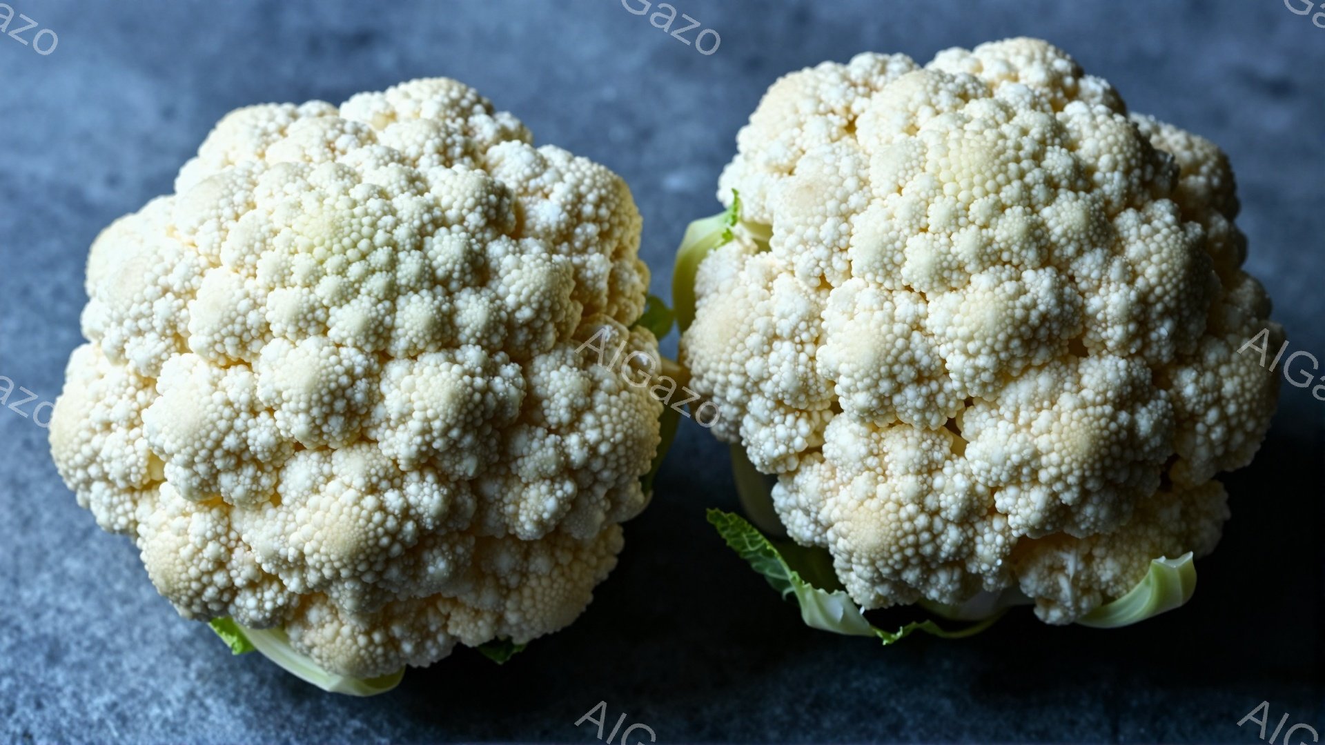 2つのカリフラワーが灰色の背景に並んで配置されている。それぞれのカリフラワーは、密集した白い蕾を持ち、緑色の葉が付いている。全体的に、シンプルで清潔感のある、食料品や料理に関連するイメージである。 - AI生成フリー素材