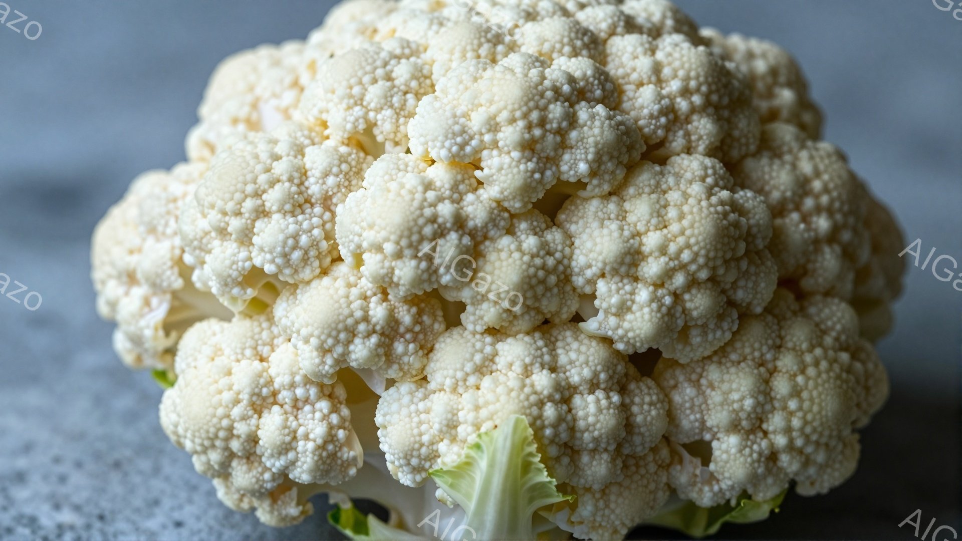 白く密な花蕾を持つカリフラワーが、灰色の背景に鮮やかに映えています。カリフラワーの茎は緑色で、花蕾とのコントラストが際立っています。全体的に清潔感があり、食材としての新鮮さが伝わってきます。 - AI生成フリー素材