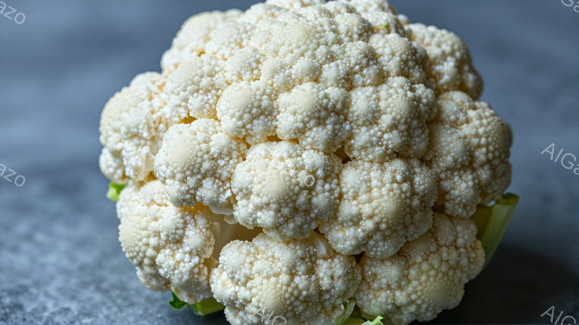 白いカリフラワーが、グレーがかった背景の上に置かれています。カリフラワーは密な房状の形状で、自然光を受けてわずかに影が落ちています。全体的に、新鮮で健康的な食材を強調したシンプルな構成です。
