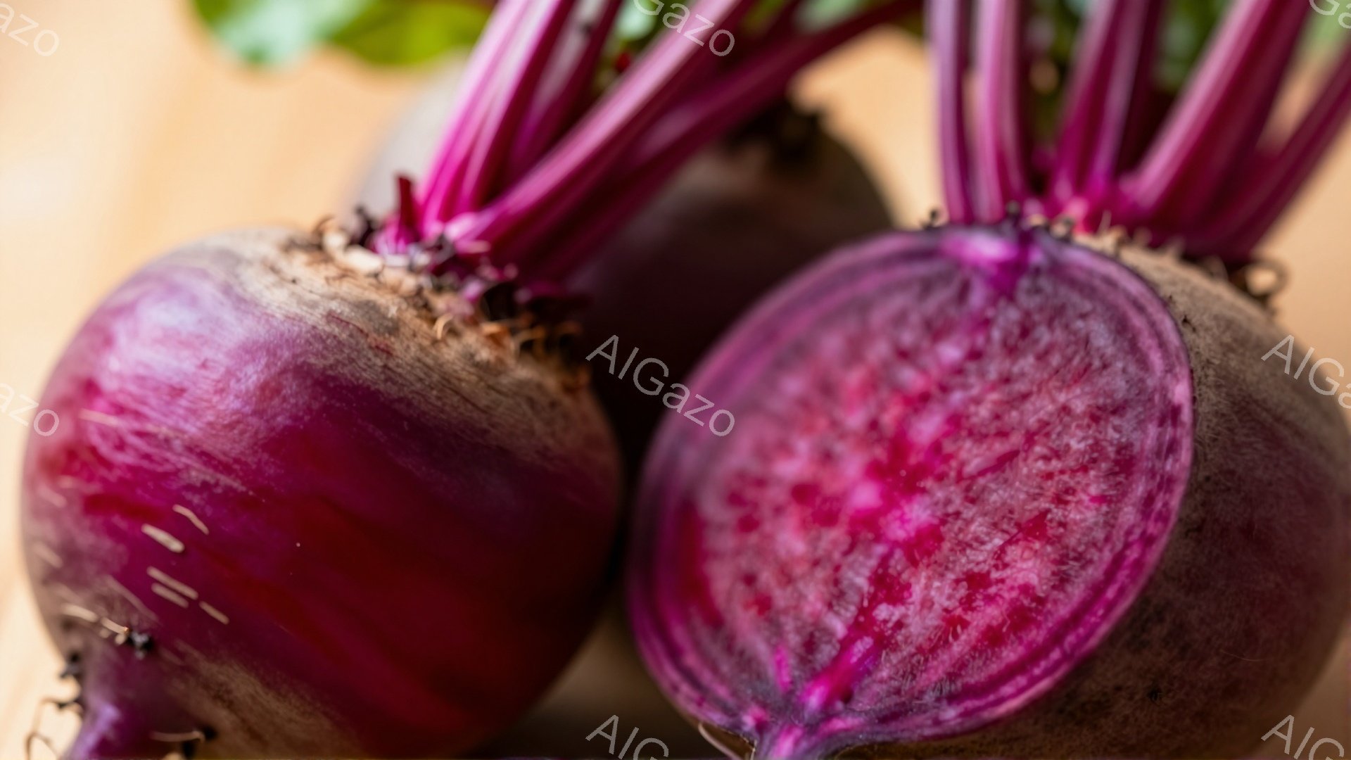 鮮やかな紫色のビーツが2つ、画面いっぱいに大きく写っています。片方は丸ごと、もう片方は半分に切られており、内部の深紅色の断面が印象的です。背景はぼかされており、ビーツの濃い色合いが際立っています。