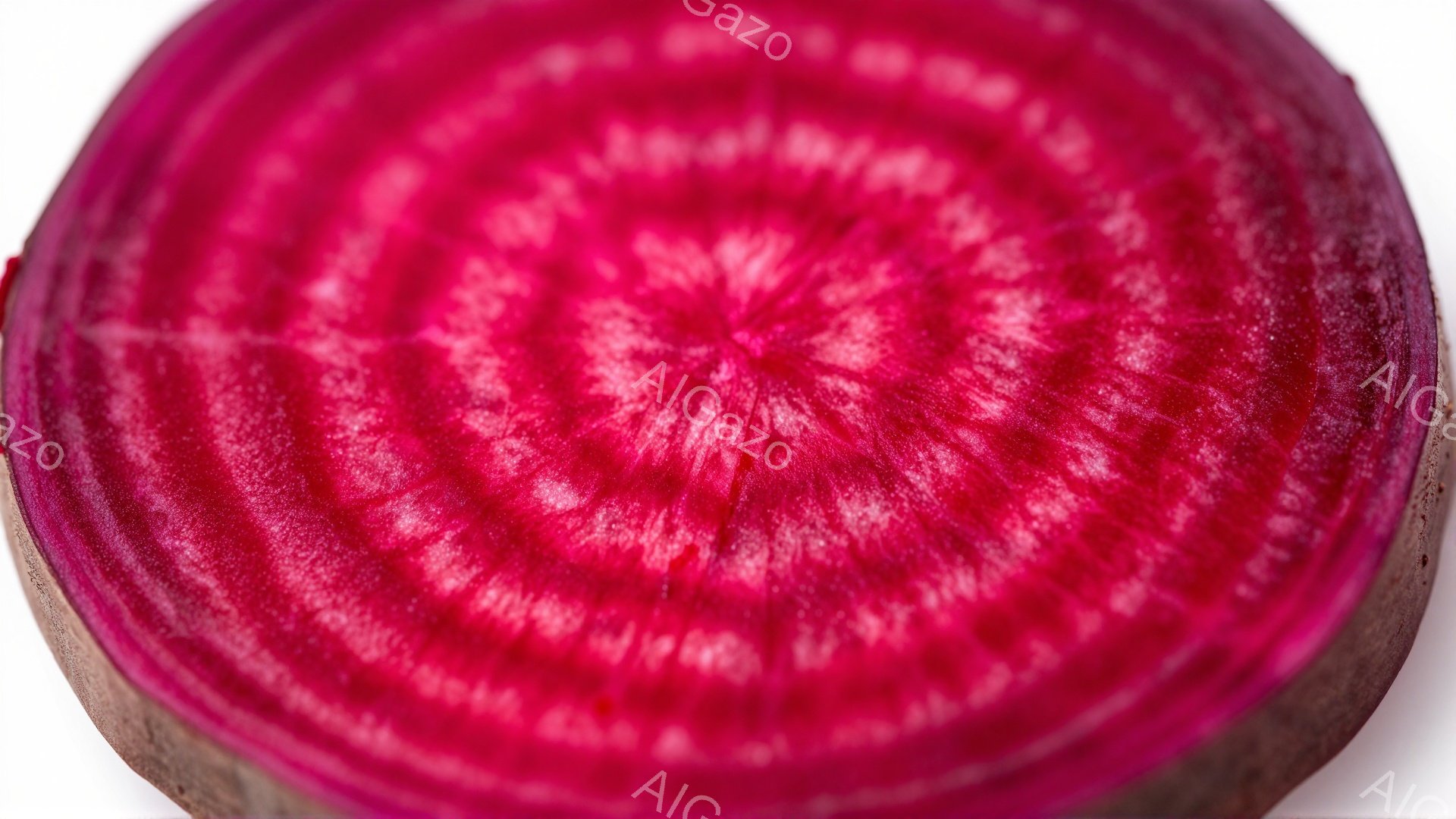 この画像は、赤ビーツのスライス断面をクローズアップしたものです。鮮やかな赤紫色が渦を巻くように広がり、中心に向かうほど色が濃くなっています。表面には微細な繊維状の模様が見られ、自然の造形美が際立ってい - AI生成フリー素材