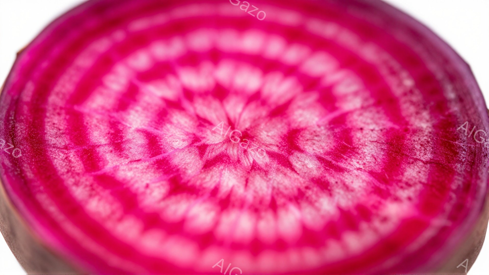 鮮やかな赤紫色をしたビーツのスライスが、まるで万華鏡のような渦巻き模様を呈している。中心から放射状に広がる年輪のような模様が特徴的で、果肉の水分と色が美しい。背景は不明瞭だが、自然の恵みを感じさせる、生命力溢れる一枚である。